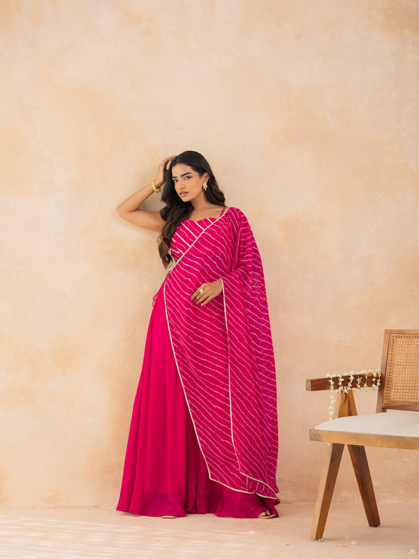 AADYA-Fuchsia Pink Leheriya Drape Cape Set with Palazzo & Choli