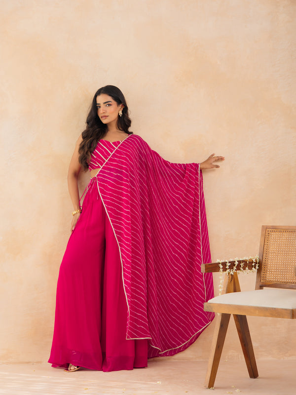 AADYA-Fuchsia Pink Leheriya Drape Cape Set with Palazzo & Choli