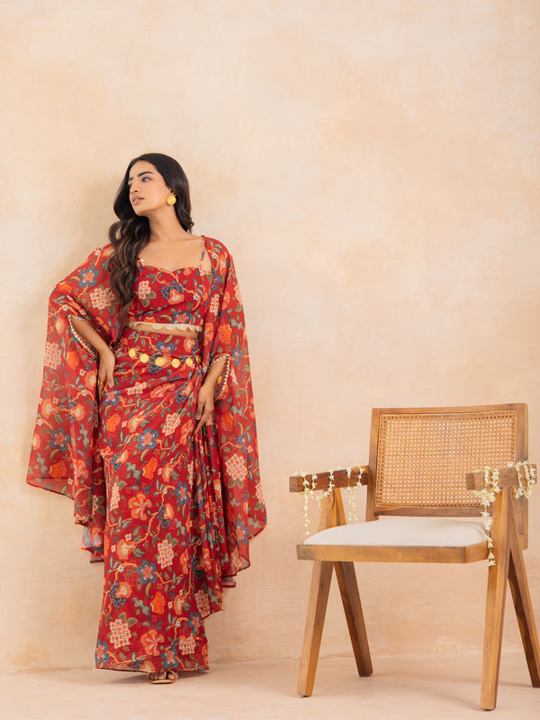Ruhani-Red Floral Printed Drape Skirt Set