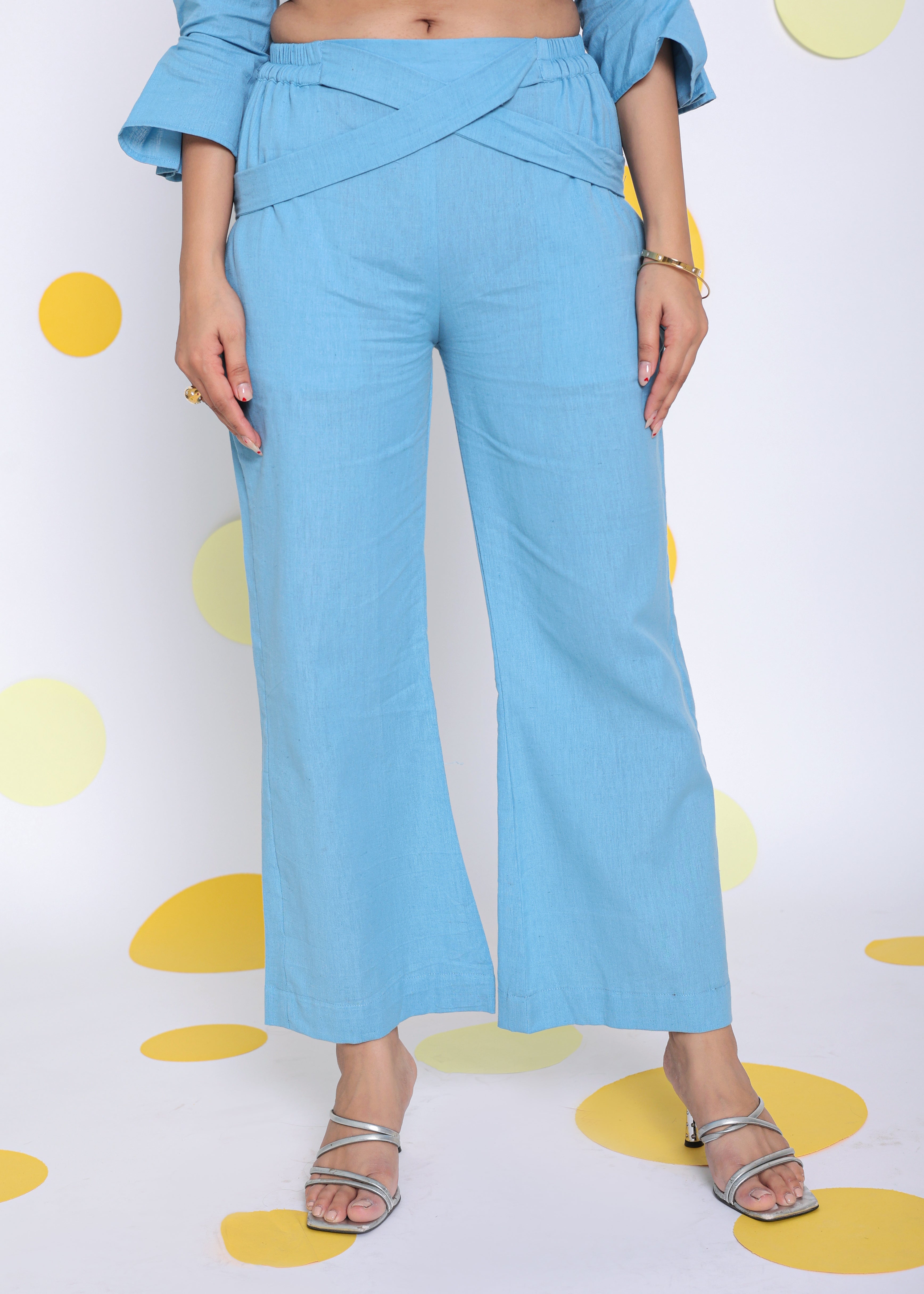 Sky Blue Shirt and Pant 2 Piece Set Summer Relaxed Linen Co-ord Set - Kaoribyshreya