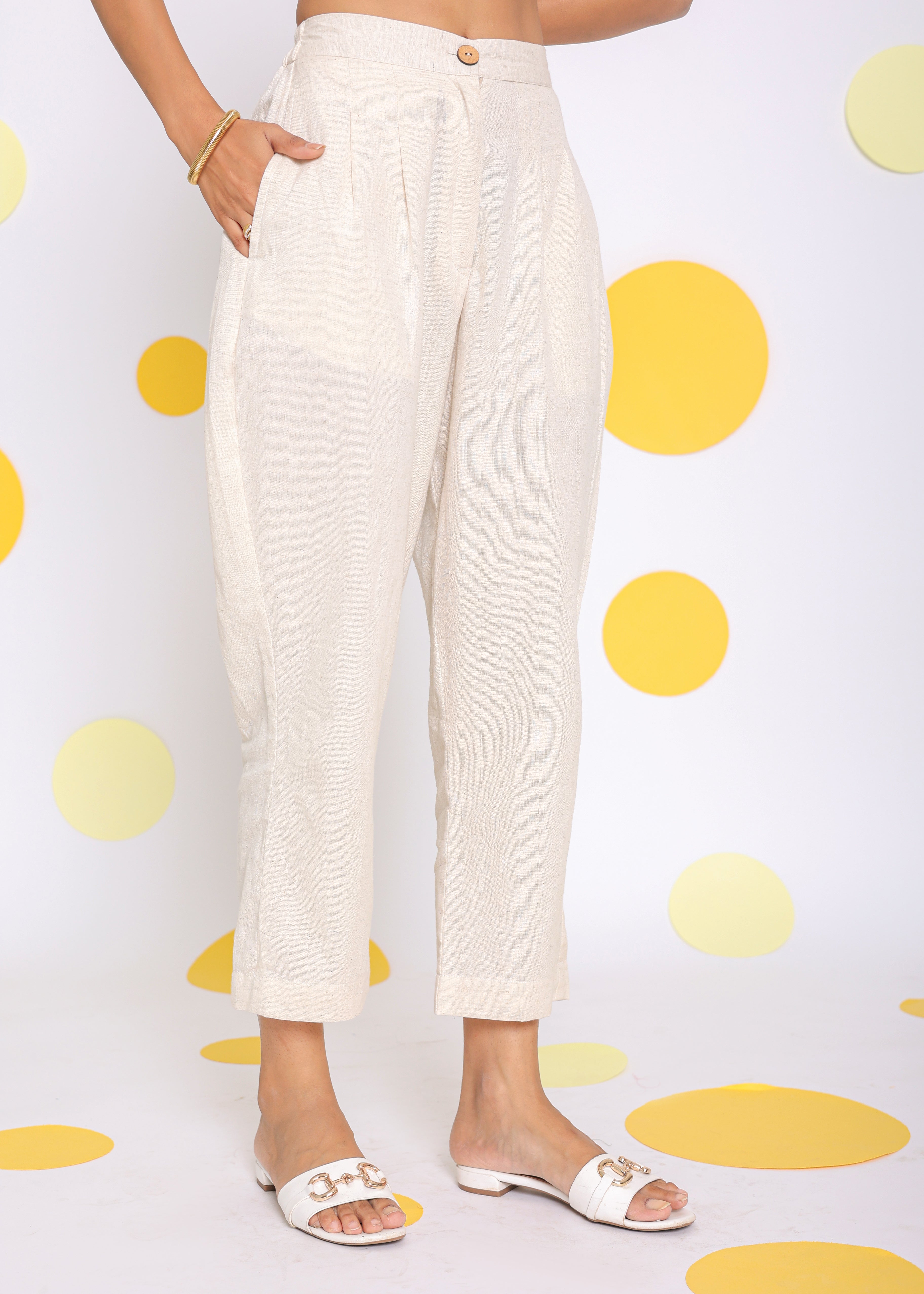Off White Formal Top and Pant Two Piece Set Summer Relaxed Linen Co-ord Set - Kaoribyshreya