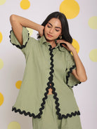 Green Zig Zag Lace Buttoned Relaxed Collared Shirt and Shorts Linen Co-ord Set - Kaoribyshreya