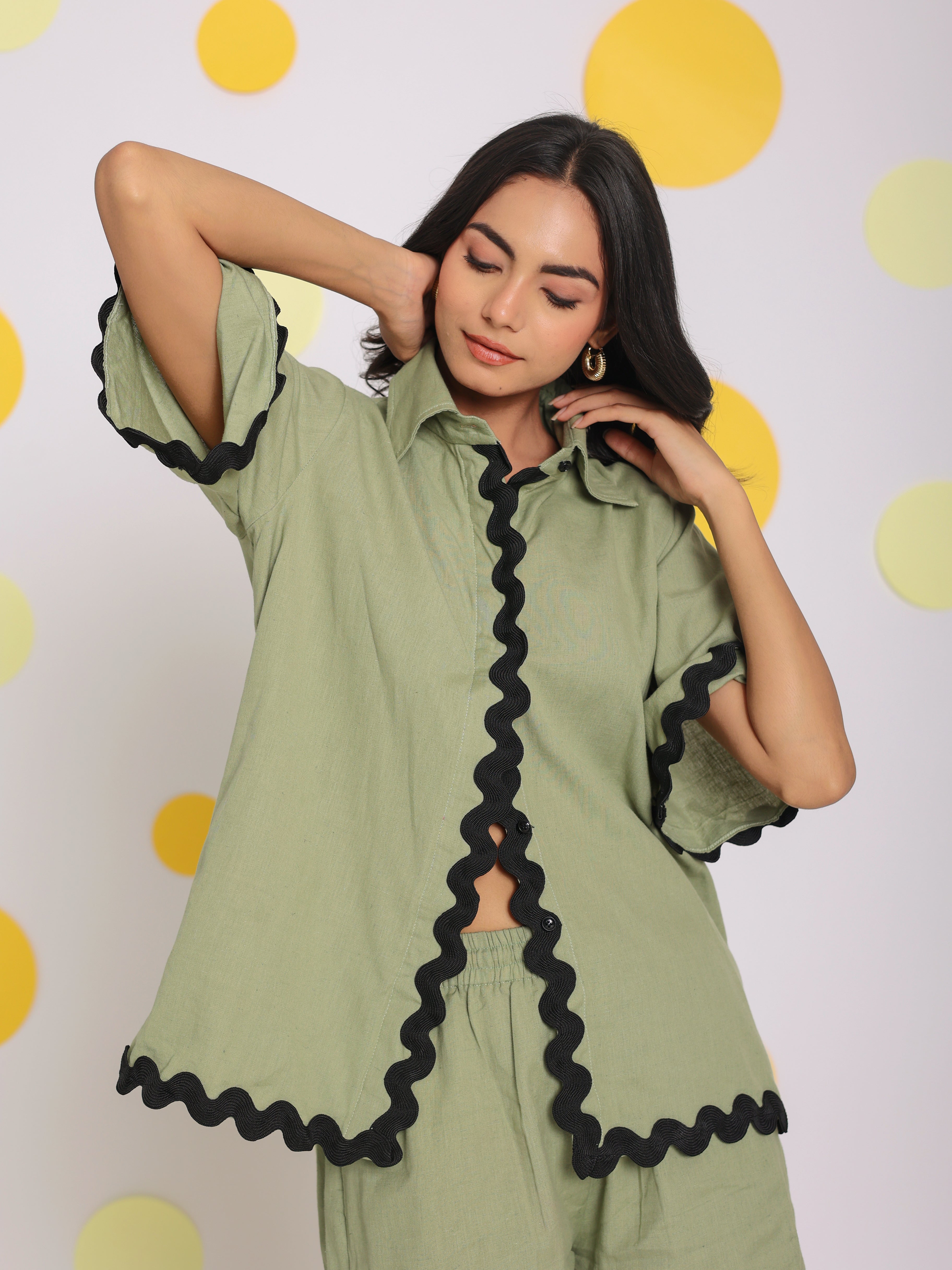 Green Zig Zag Lace Buttoned Relaxed Collared Shirt and Shorts Linen Co-ord Set - Kaoribyshreya