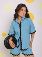 Sky Blue Buttoned Relaxed Collared Shirt and Shorts Linen Co-ord Set - Kaoribyshreya