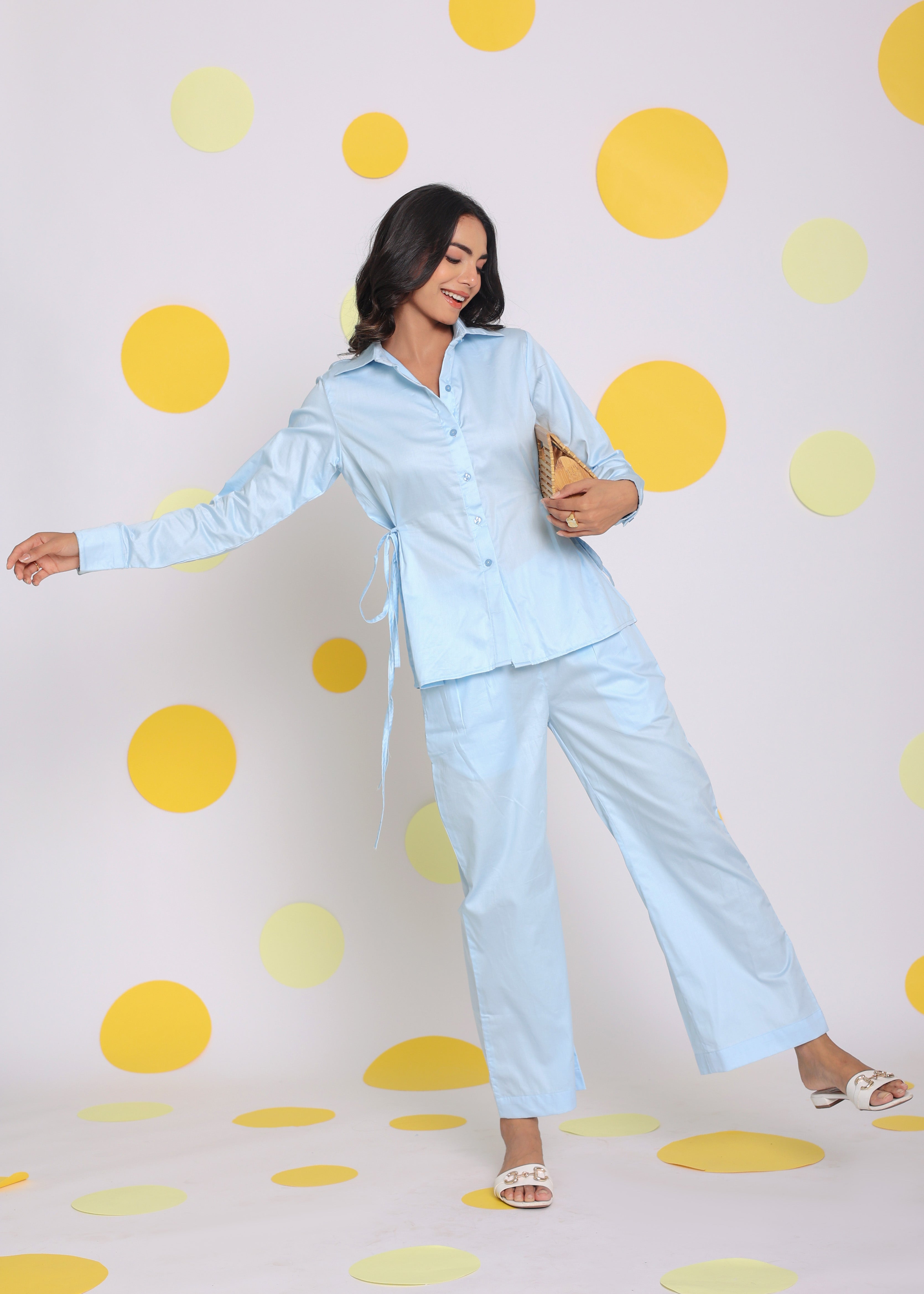 Sky Blue Shirt With Side Tie Ups And Pant 2 Piece Set Summer Relaxed Casual Co-ord Set - Kaoribyshreya