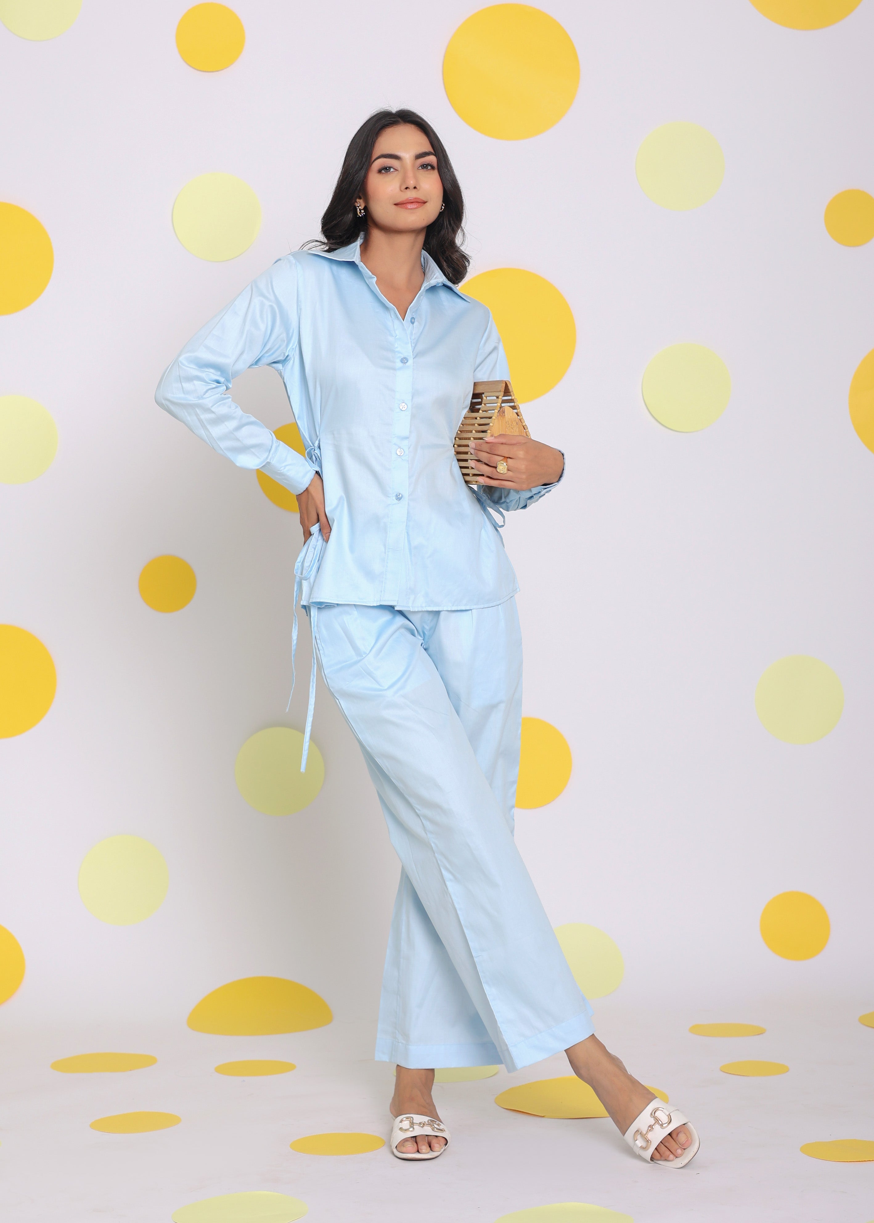 Sky Blue Shirt With Side Tie Ups And Pant 2 Piece Set Summer Relaxed Casual Co-ord Set - Kaoribyshreya