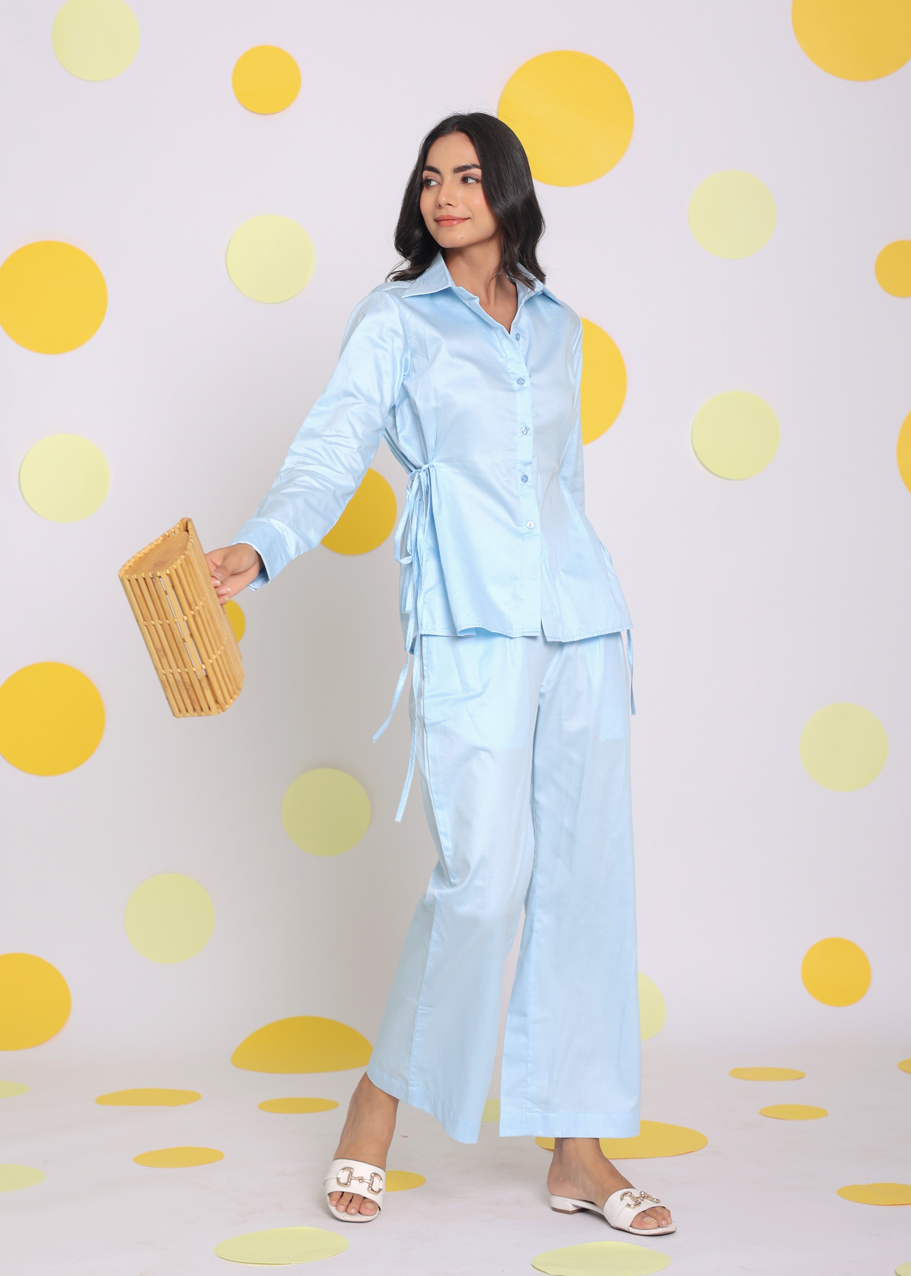 Sky Blue Shirt With Side Tie Ups And Pant 2 Piece Set Summer Relaxed Casual Co-ord Set - Kaoribyshreya