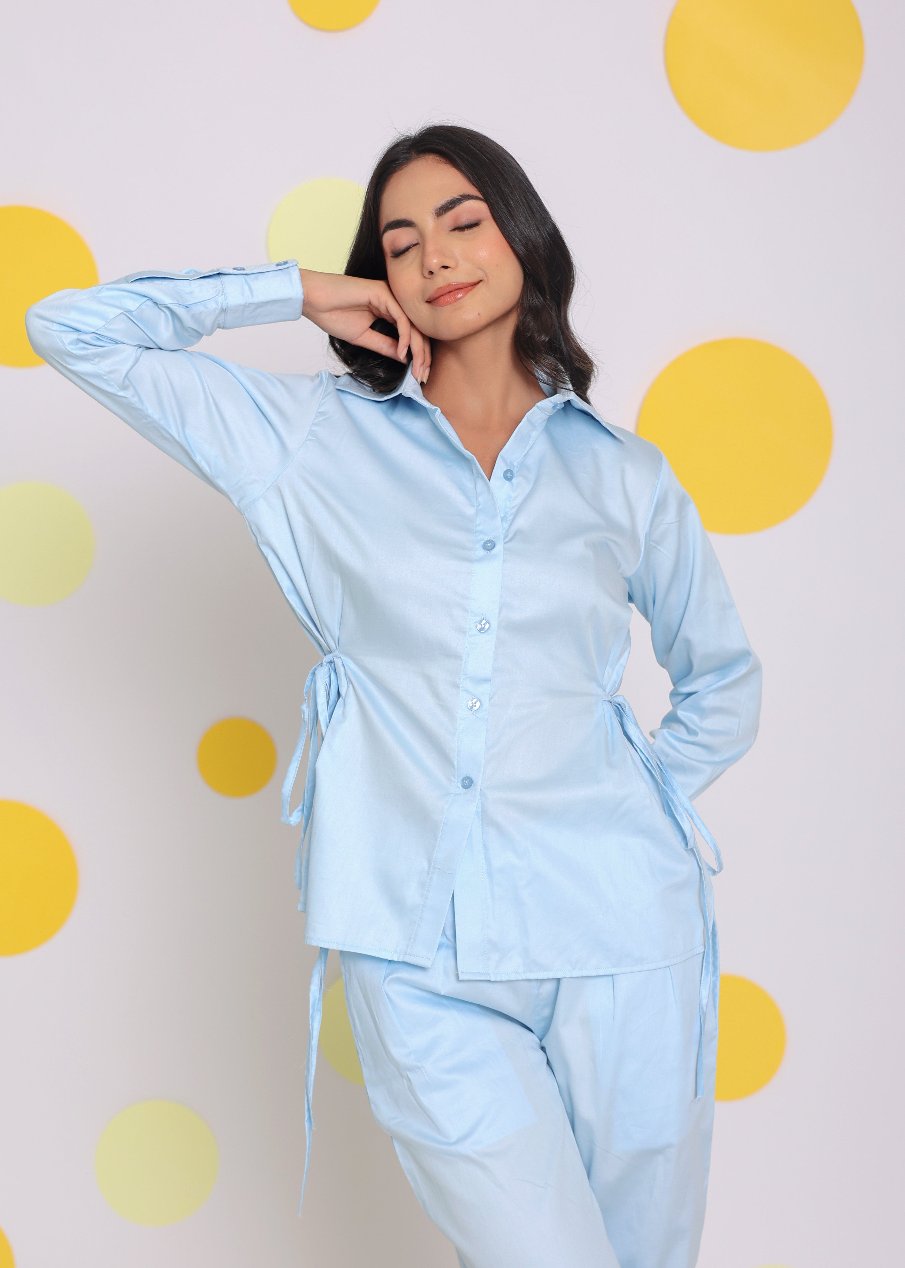 Sky Blue Shirt With Side Tie Ups And Pant 2 Piece Set Summer Relaxed Casual Co-ord Set - Kaoribyshreya