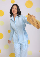 Sky Blue Summer Relaxed Collared 100% Cotton Shirt With Side Tie Ups - Kaoribyshreya