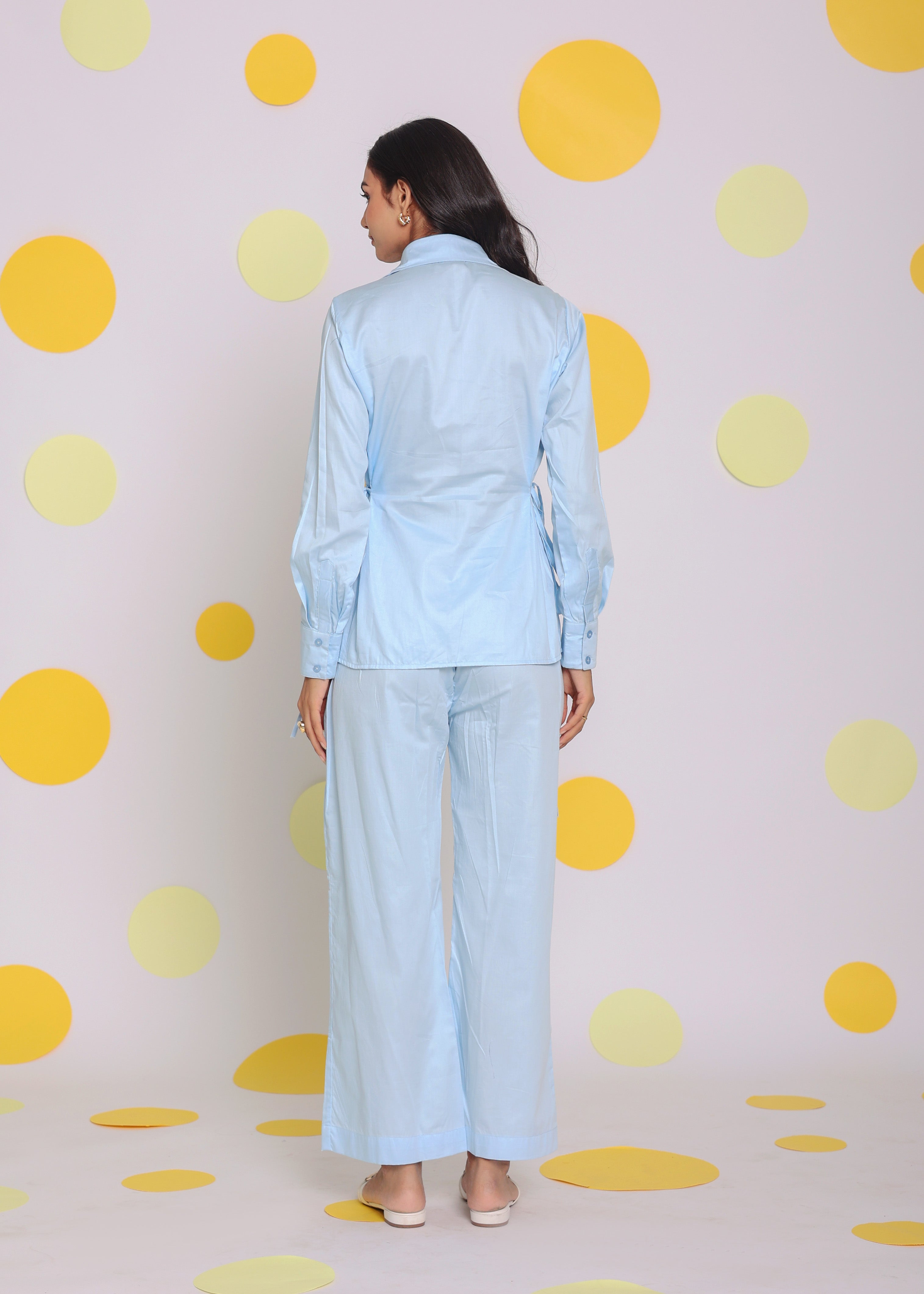 Sky Blue Shirt With Side Tie Ups And Pant 2 Piece Set Summer Relaxed Casual Co-ord Set - Kaoribyshreya