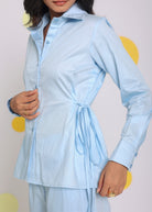 Sky Blue Summer Relaxed Collared 100% Cotton Shirt With Side Tie Ups - Kaoribyshreya