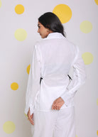 White Summer Relaxed Collared Formal Linen Shirt with Stylish Black Side Tie Ups - Kaoribyshreya