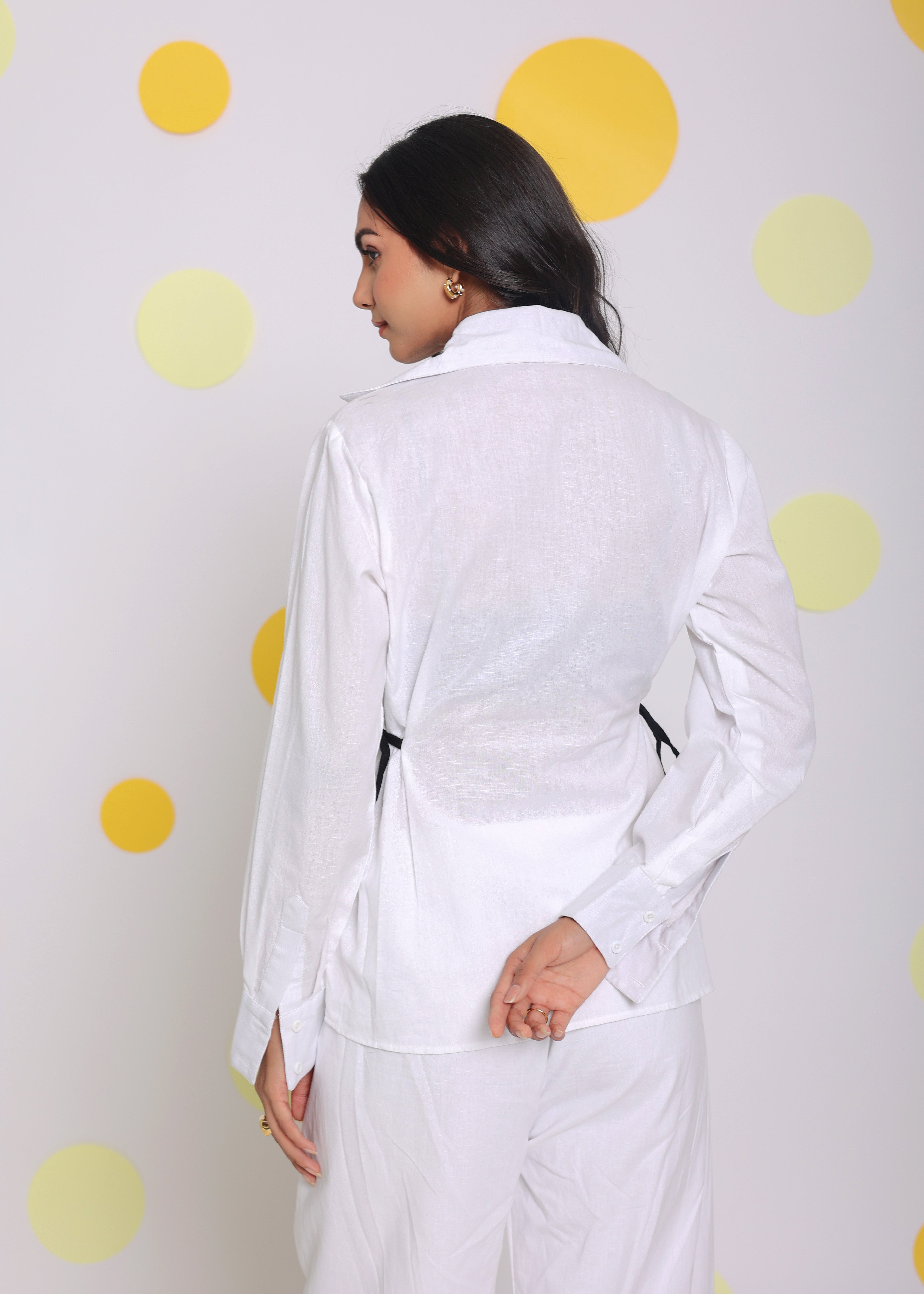 White Summer Relaxed Collared Formal Linen Shirt with Stylish Black Side Tie Ups - Kaoribyshreya