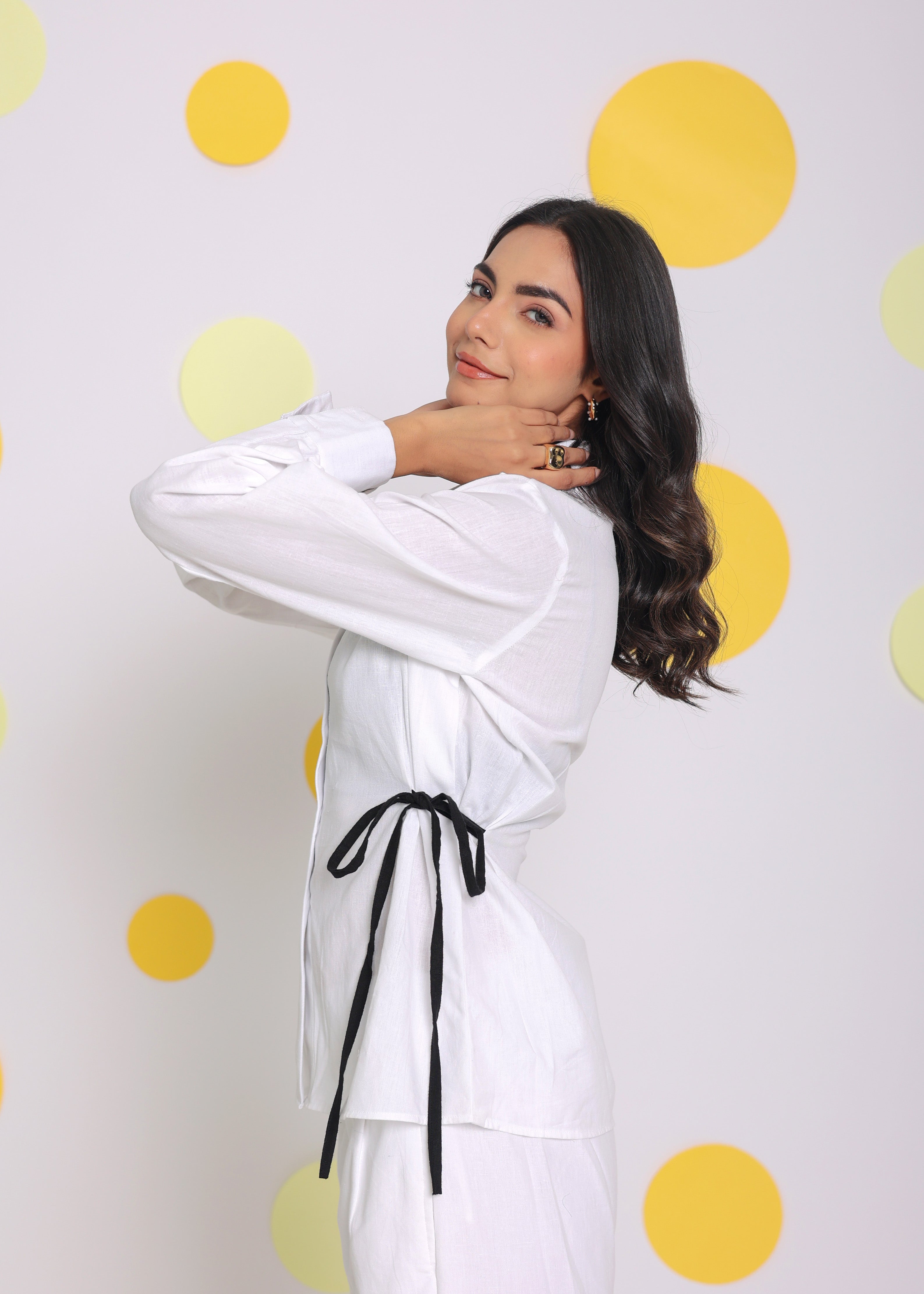 White Summer Relaxed Collared Formal Linen Shirt with Stylish Black Side Tie Ups - Kaoribyshreya
