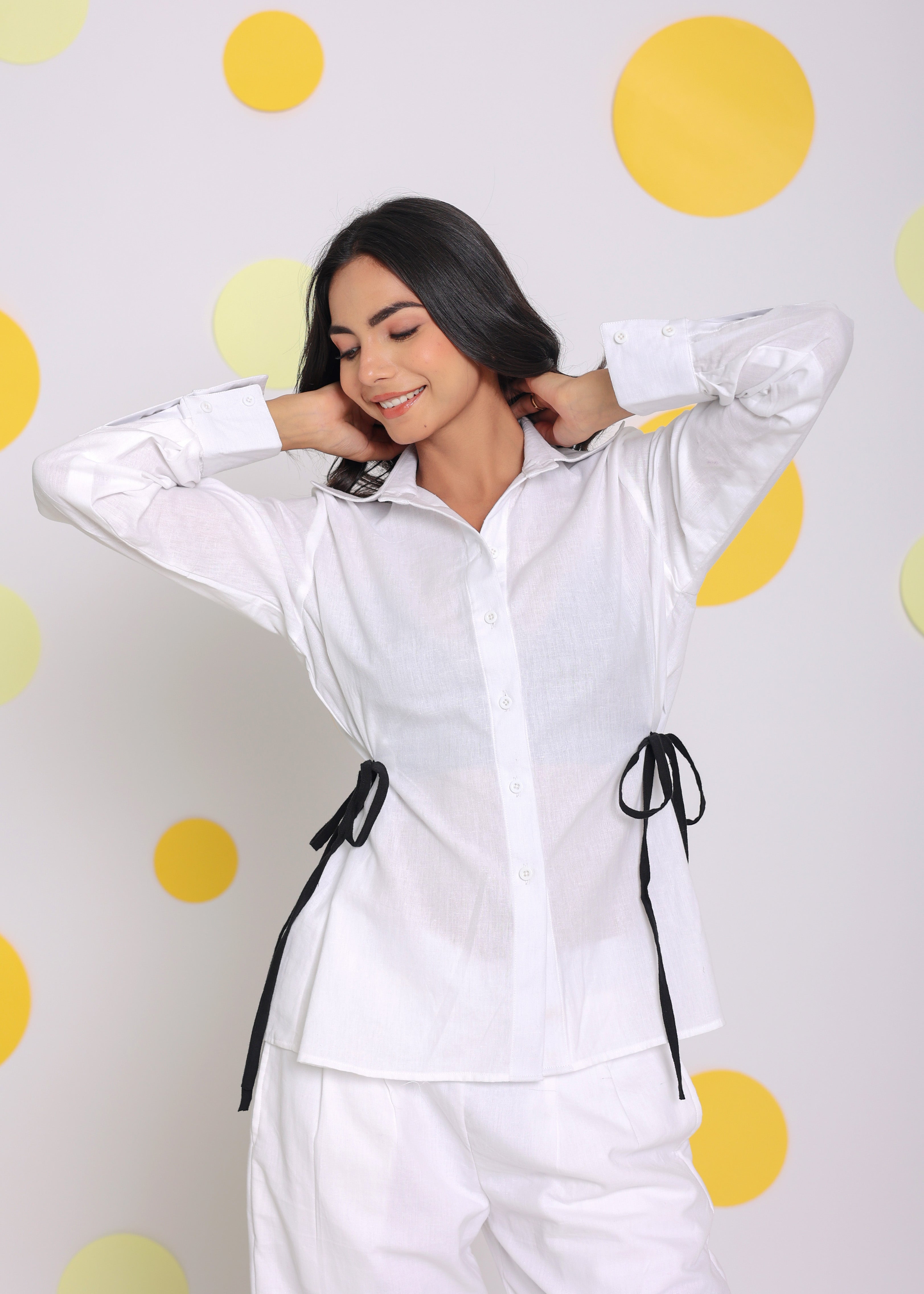 White Summer Relaxed Collared Formal Linen Shirt with Stylish Black Side Tie Ups - Kaoribyshreya