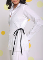 White Summer Relaxed Collared Formal Linen Shirt with Stylish Black Side Tie Ups - Kaoribyshreya