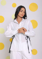 White Summer Relaxed Collared Formal Linen Shirt with Stylish Black Side Tie Ups - Kaoribyshreya