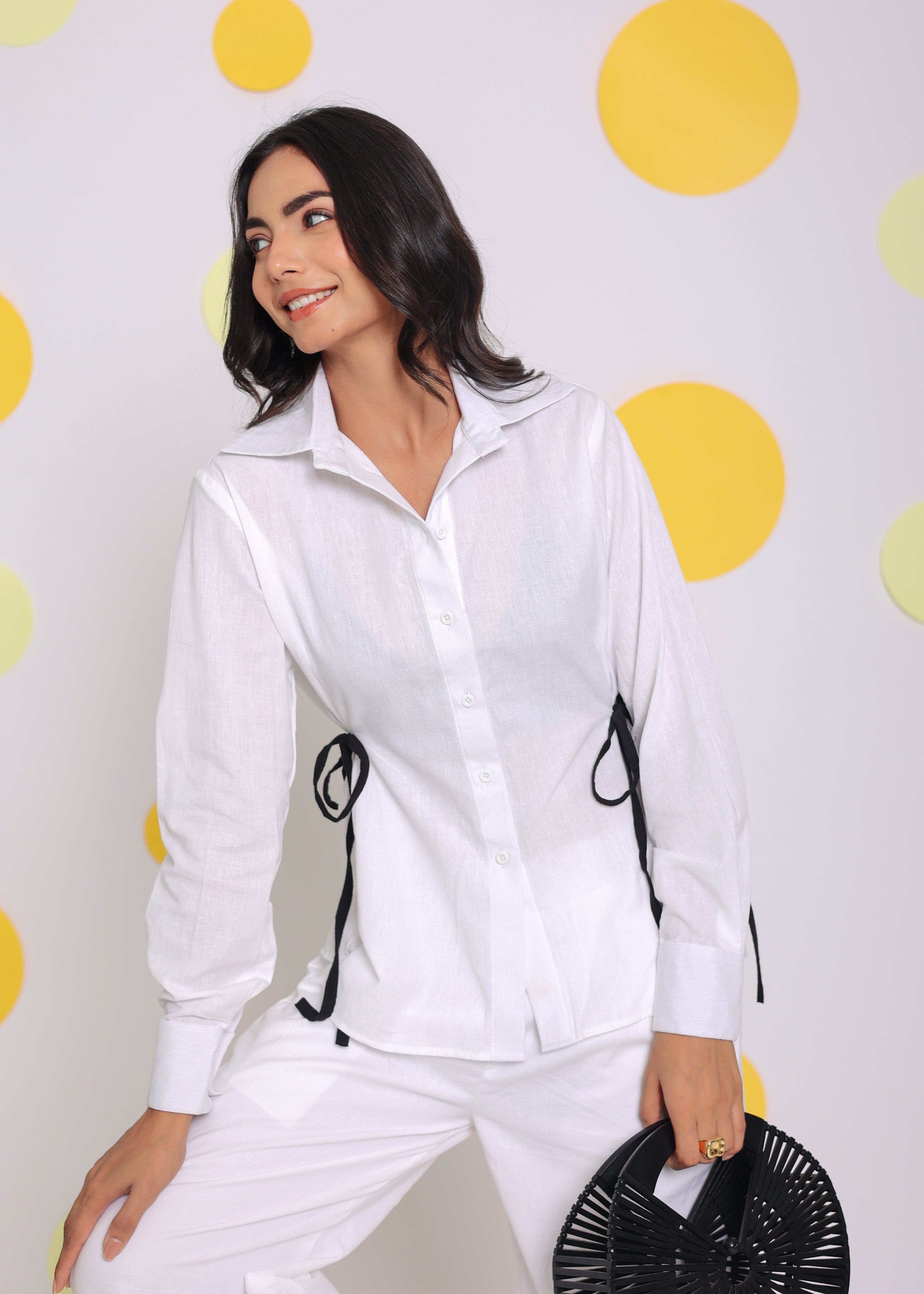 White Summer Relaxed Collared Formal Linen Shirt with Stylish Black Side Tie Ups - Kaoribyshreya