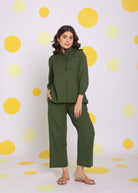 Olive Green Frill Front Shirt and Pant 2 Piece Set Summer Relaxed Linen Co-ord Set - Kaoribyshreya