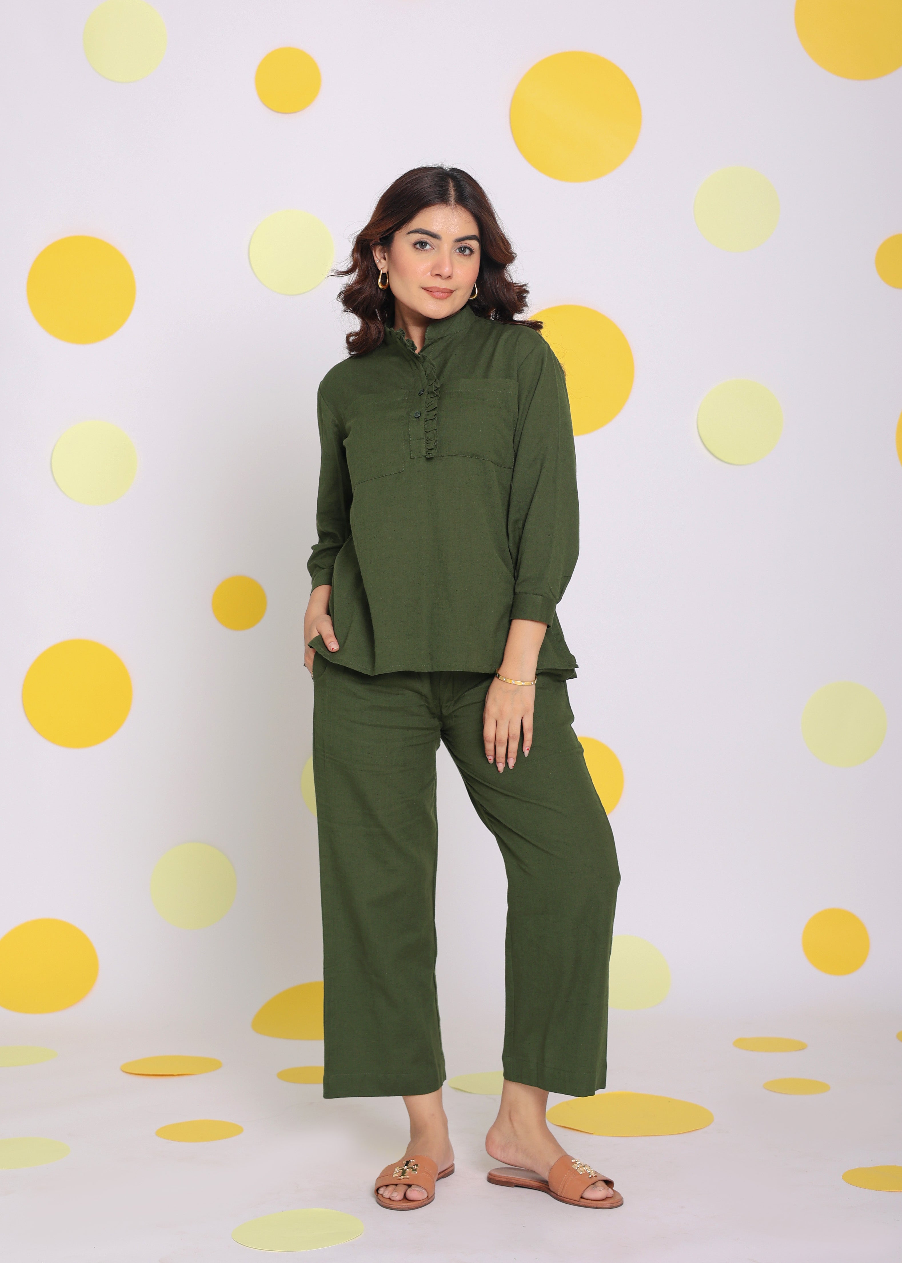 Olive Green Frill Front Shirt and Pant 2 Piece Set Summer Relaxed Linen Co-ord Set - Kaoribyshreya
