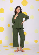 Olive Green Frill Front Shirt and Pant 2 Piece Set Summer Relaxed Linen Co-ord Set - Kaoribyshreya