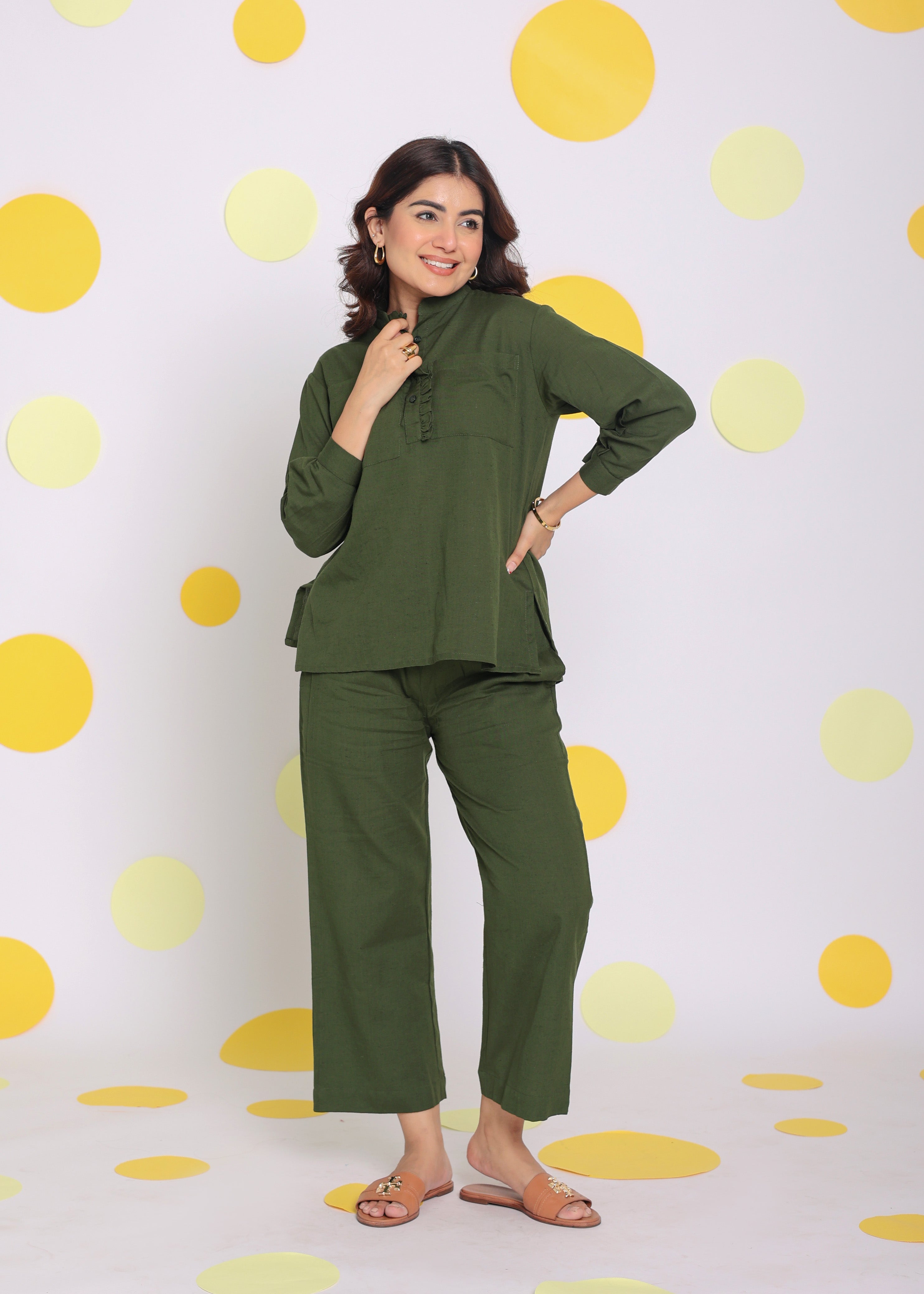 Olive Green Frill Front Shirt and Pant 2 Piece Set Summer Relaxed Linen Co-ord Set - Kaoribyshreya