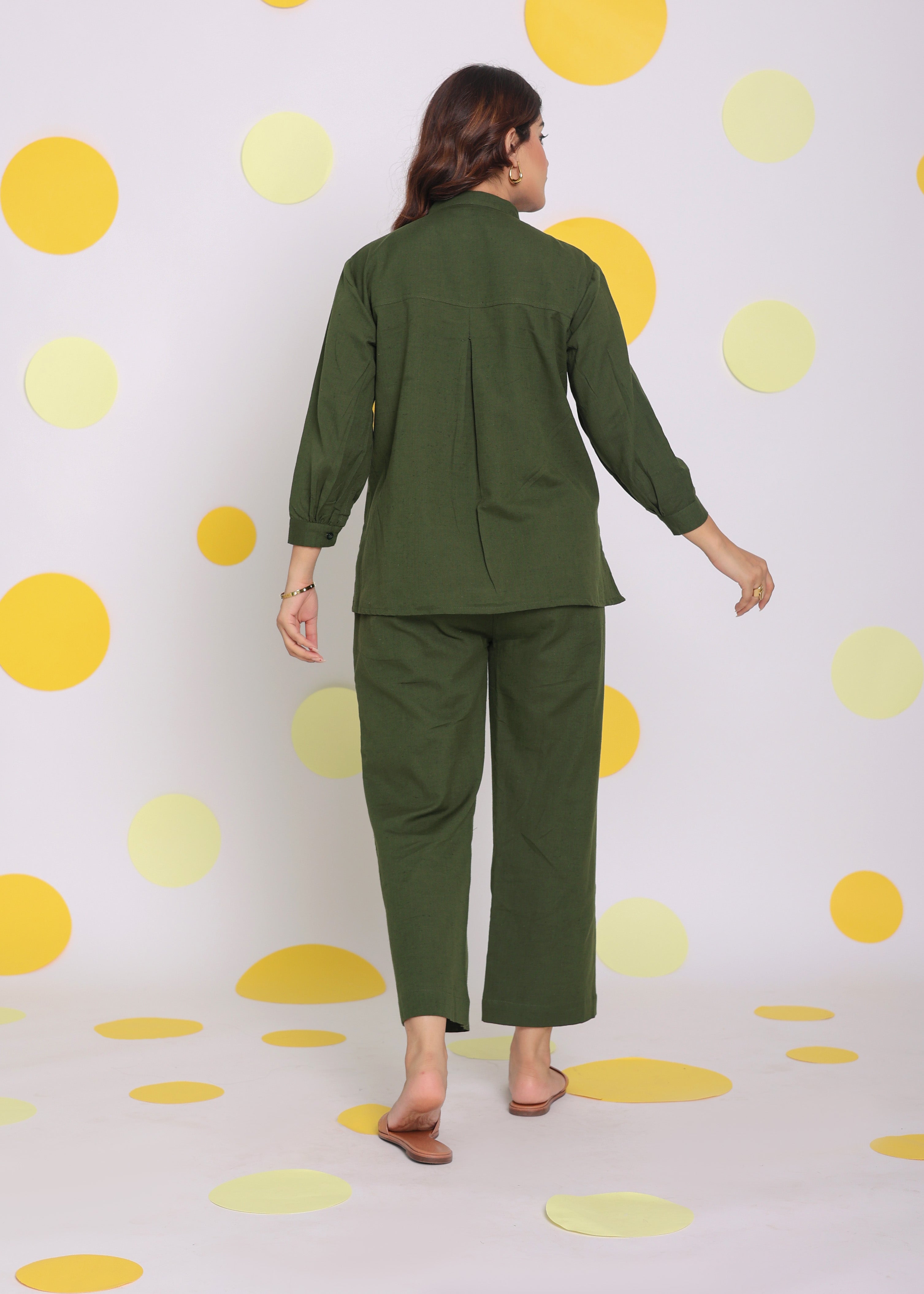 Olive Green Frill Front Shirt and Pant 2 Piece Set Summer Relaxed Linen Co-ord Set - Kaoribyshreya