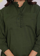Olive Green Frill Front Shirt and Pant 2 Piece Set Summer Relaxed Linen Co-ord Set - Kaoribyshreya