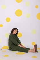 Olive Green Frill Front Shirt and Pant 2 Piece Set Summer Relaxed Linen Co-ord Set - Kaoribyshreya