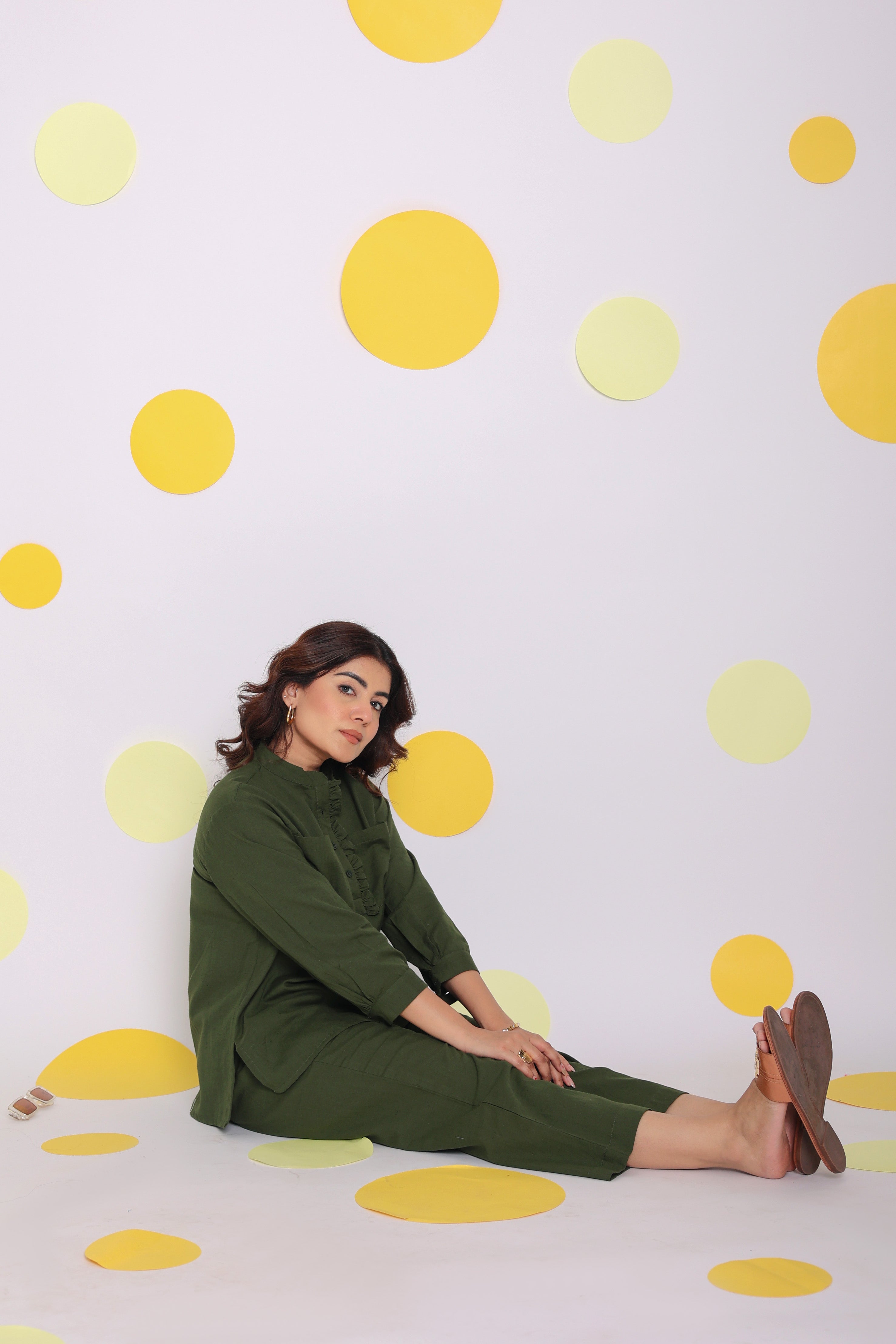 Olive Green Frill Front Shirt and Pant 2 Piece Set Summer Relaxed Linen Co-ord Set - Kaoribyshreya