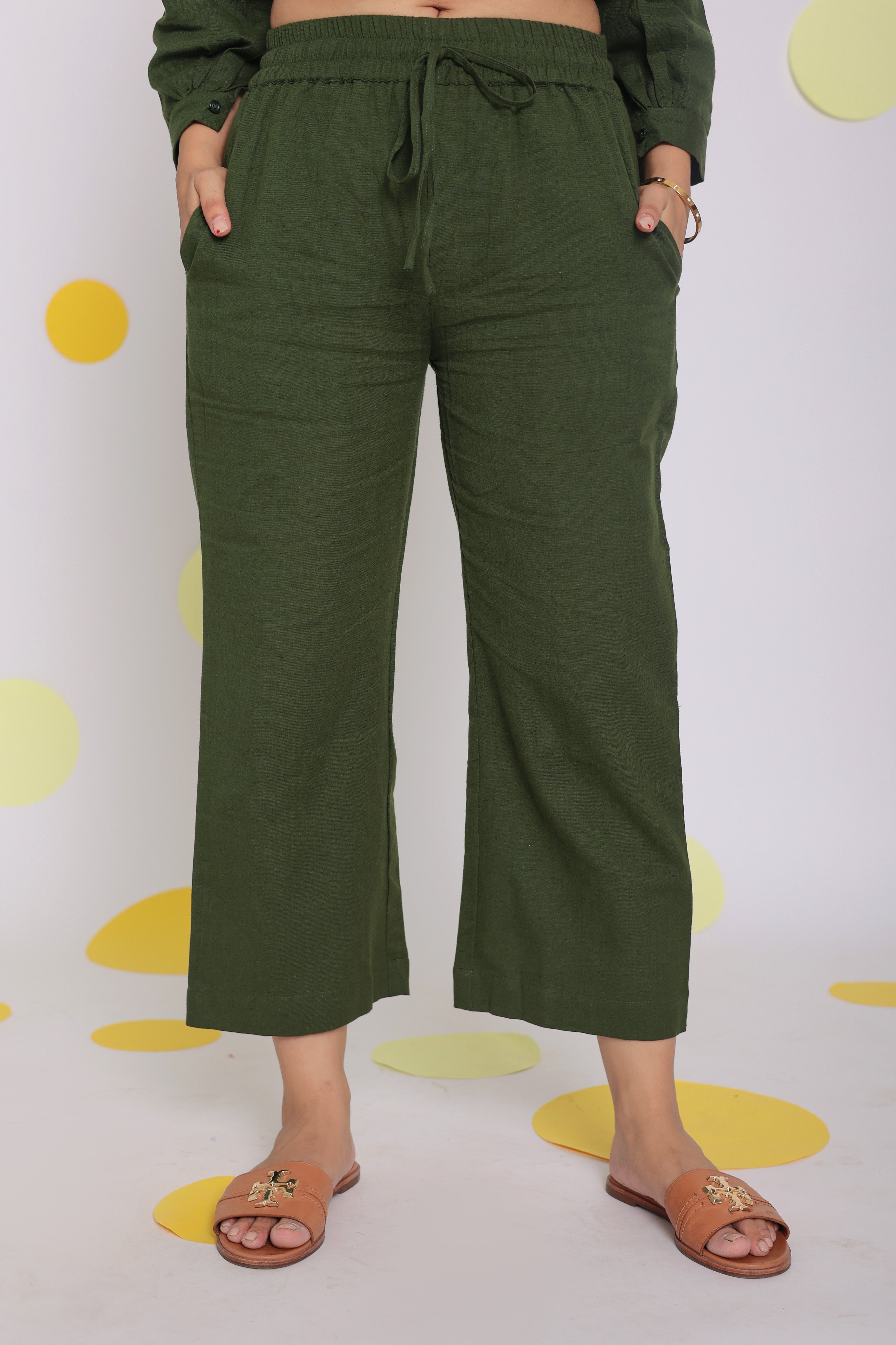Olive Green Summer Relaxed Wide Leg Everyday Wear Linen Pants - Kaoribyshreya
