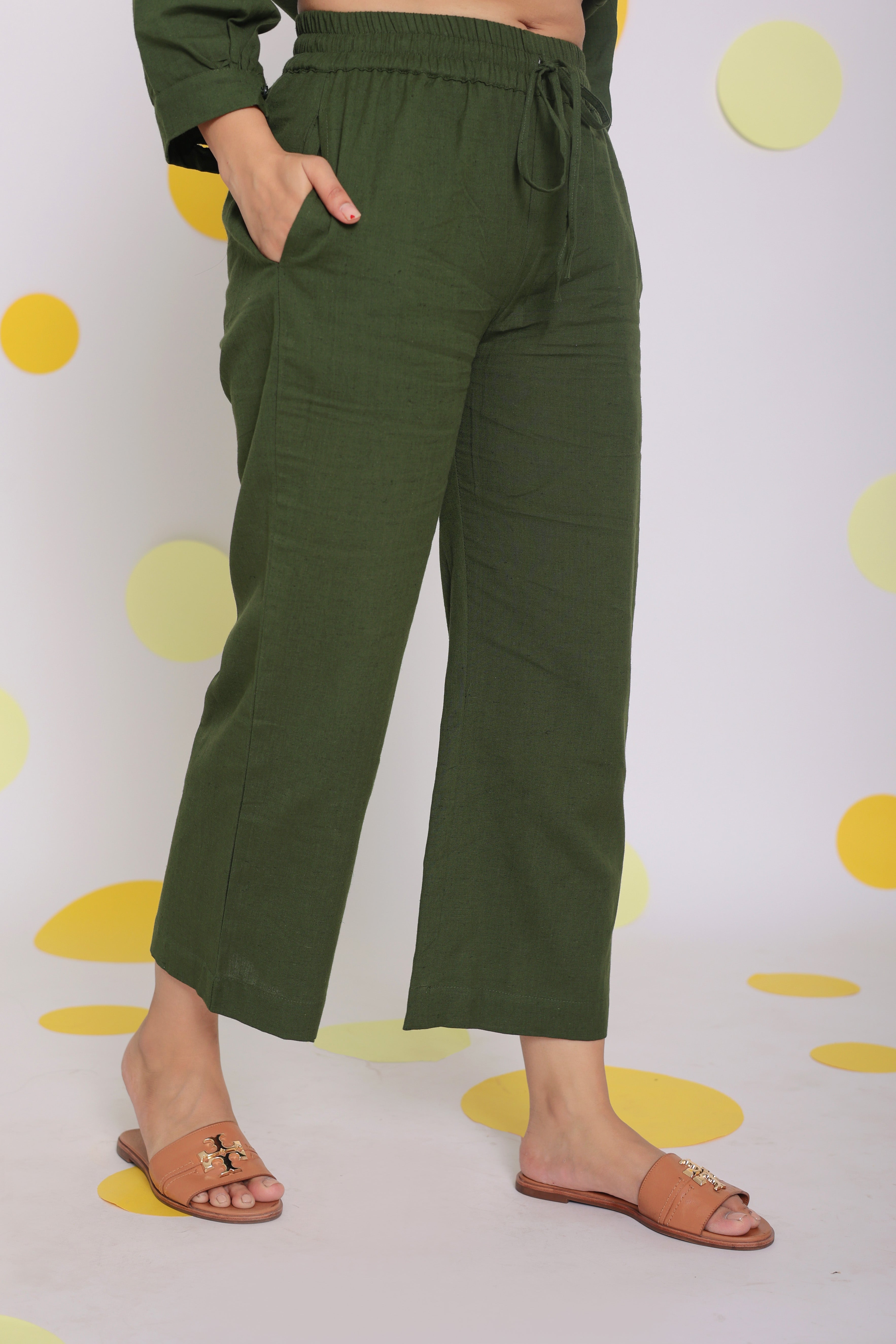 Olive Green Frill Front Shirt and Pant 2 Piece Set Summer Relaxed Linen Co-ord Set - Kaoribyshreya