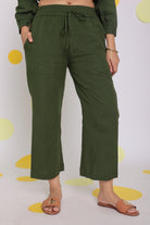 Olive Green Summer Relaxed Wide Leg Everyday Wear Linen Pants - Kaoribyshreya