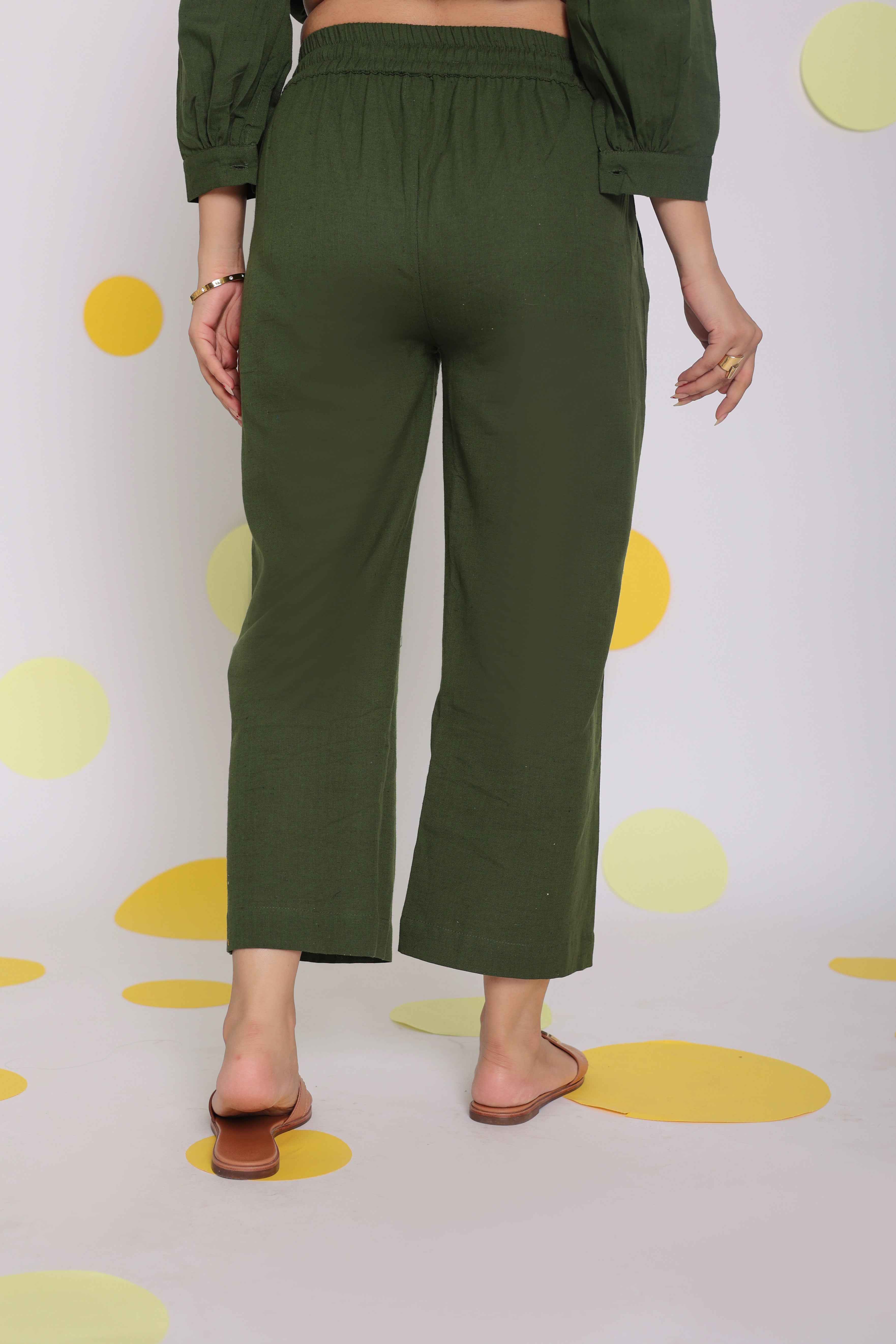 Olive Green Summer Relaxed Wide Leg Everyday Wear Linen Pants - Kaoribyshreya