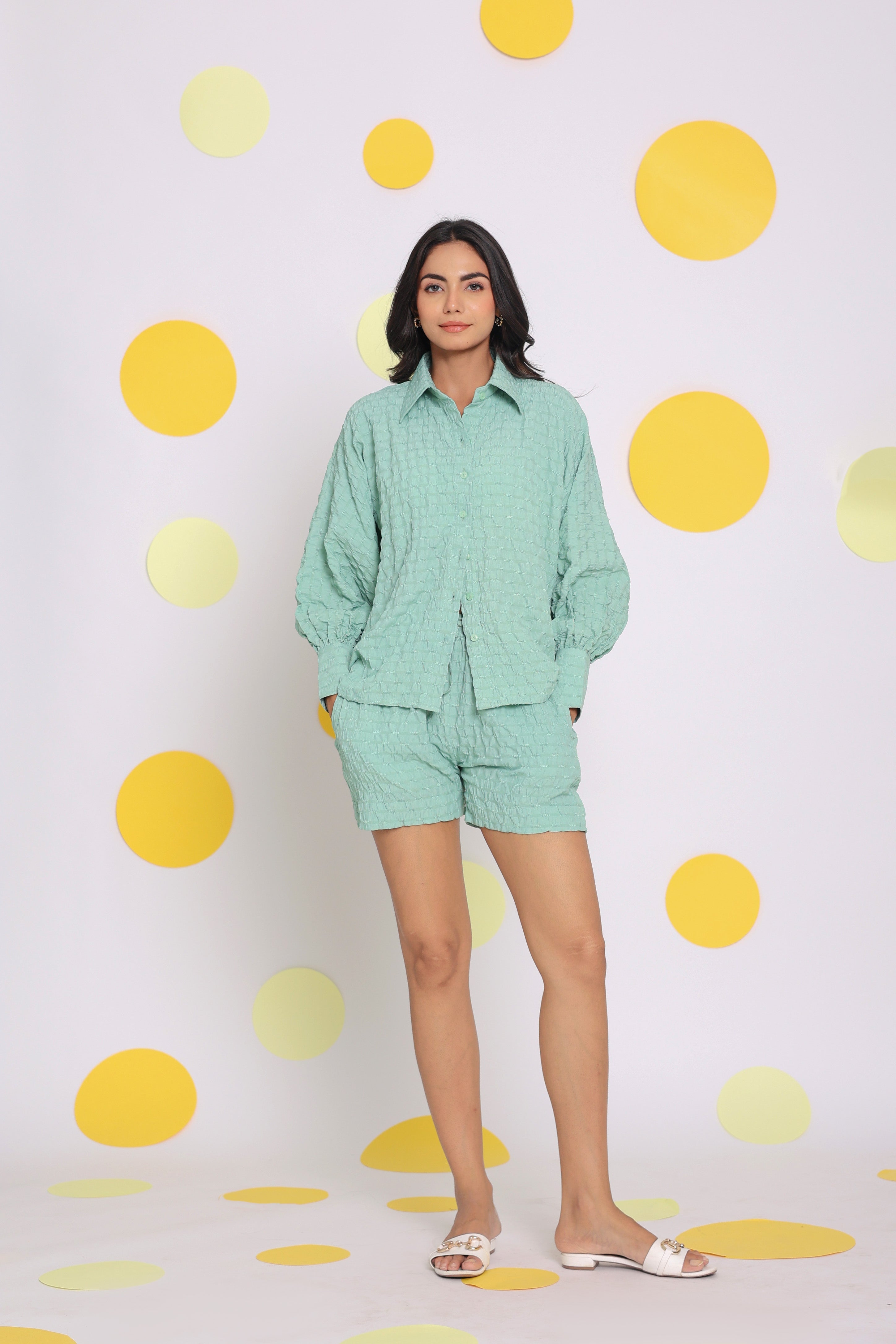 Light Green Shirt and Shorts Two Piece Set Summer Casual Co-ord Set - Kaoribyshreya