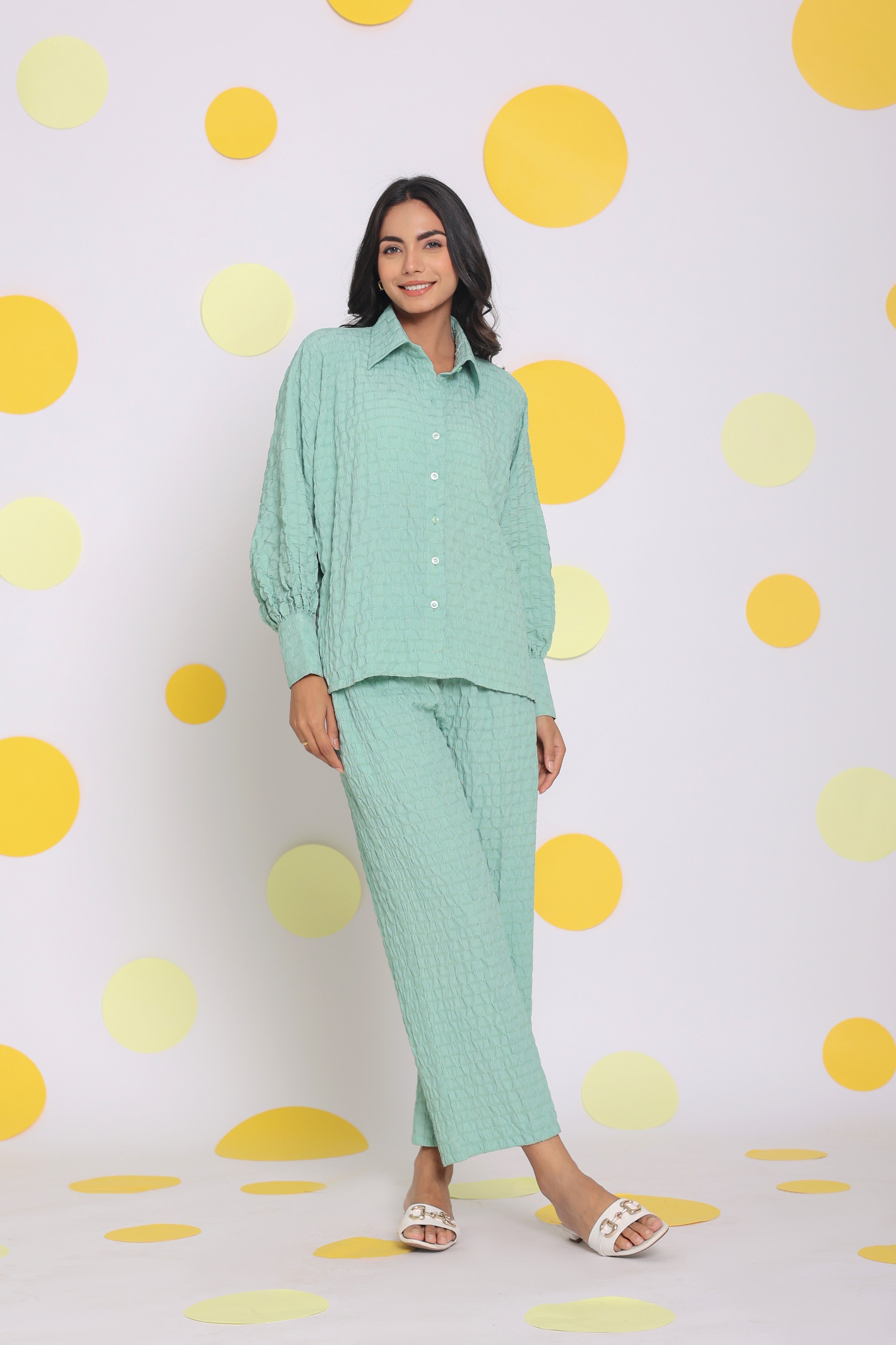 Light Green Shirt and Pant Two Piece Set Summer Everyday Wear Co-ord Set - Kaoribyshreya