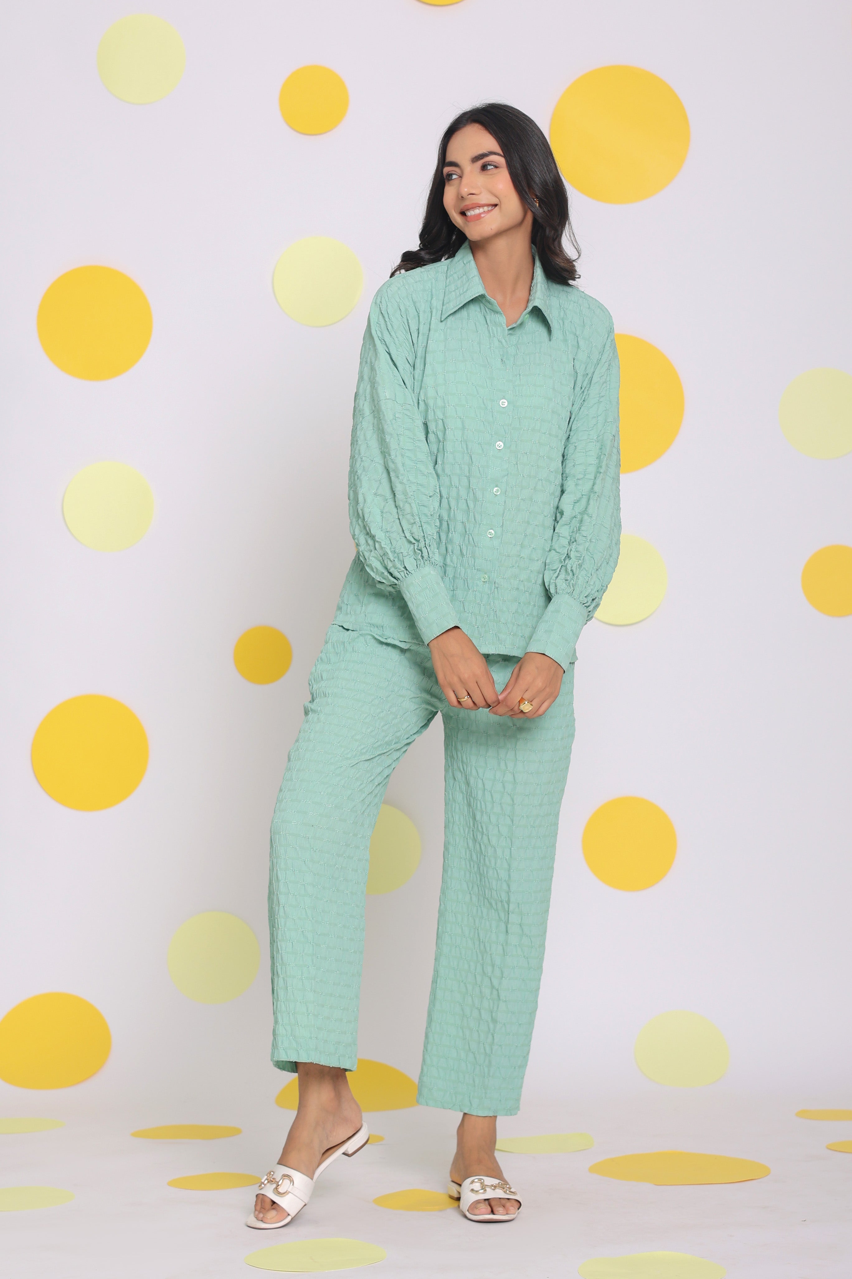 Light Green Shirt and Pant Two Piece Set Summer Everyday Wear Co-ord Set - Kaoribyshreya