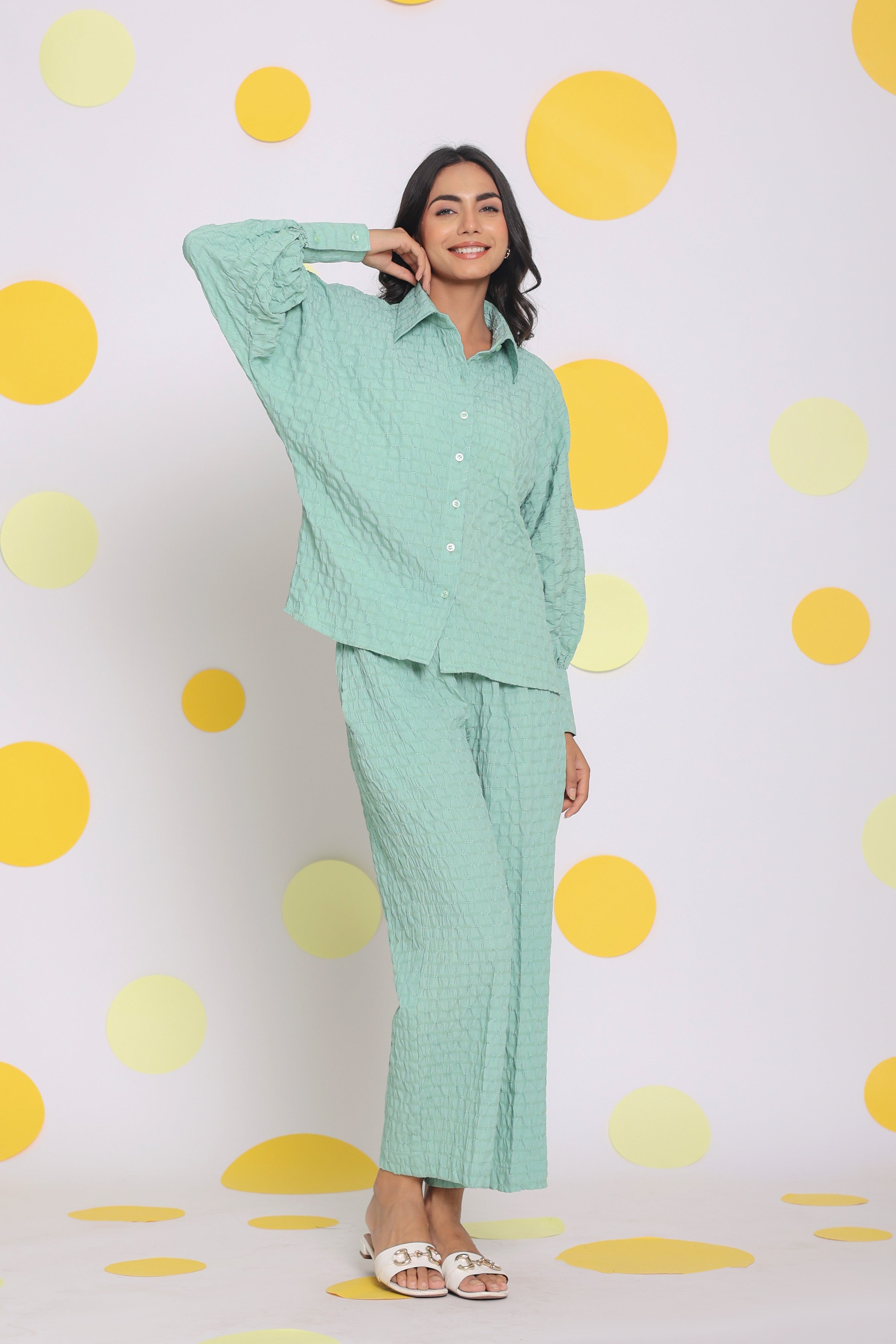Light Green Shirt and Pant Two Piece Set Summer Everyday Wear Co-ord Set - Kaoribyshreya