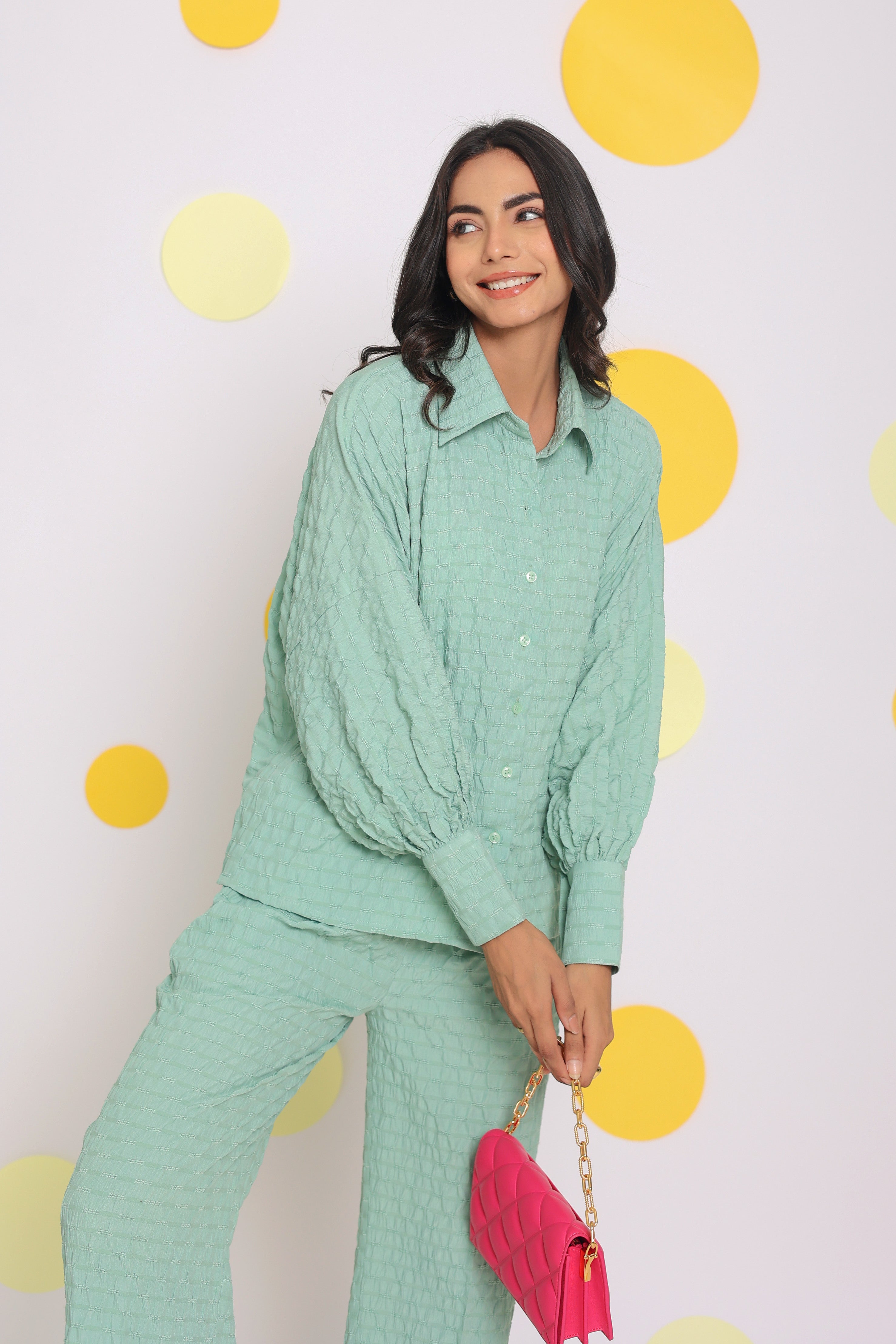 Light Green Shirt and Pant Two Piece Set Summer Everyday Wear Co-ord Set - Kaoribyshreya