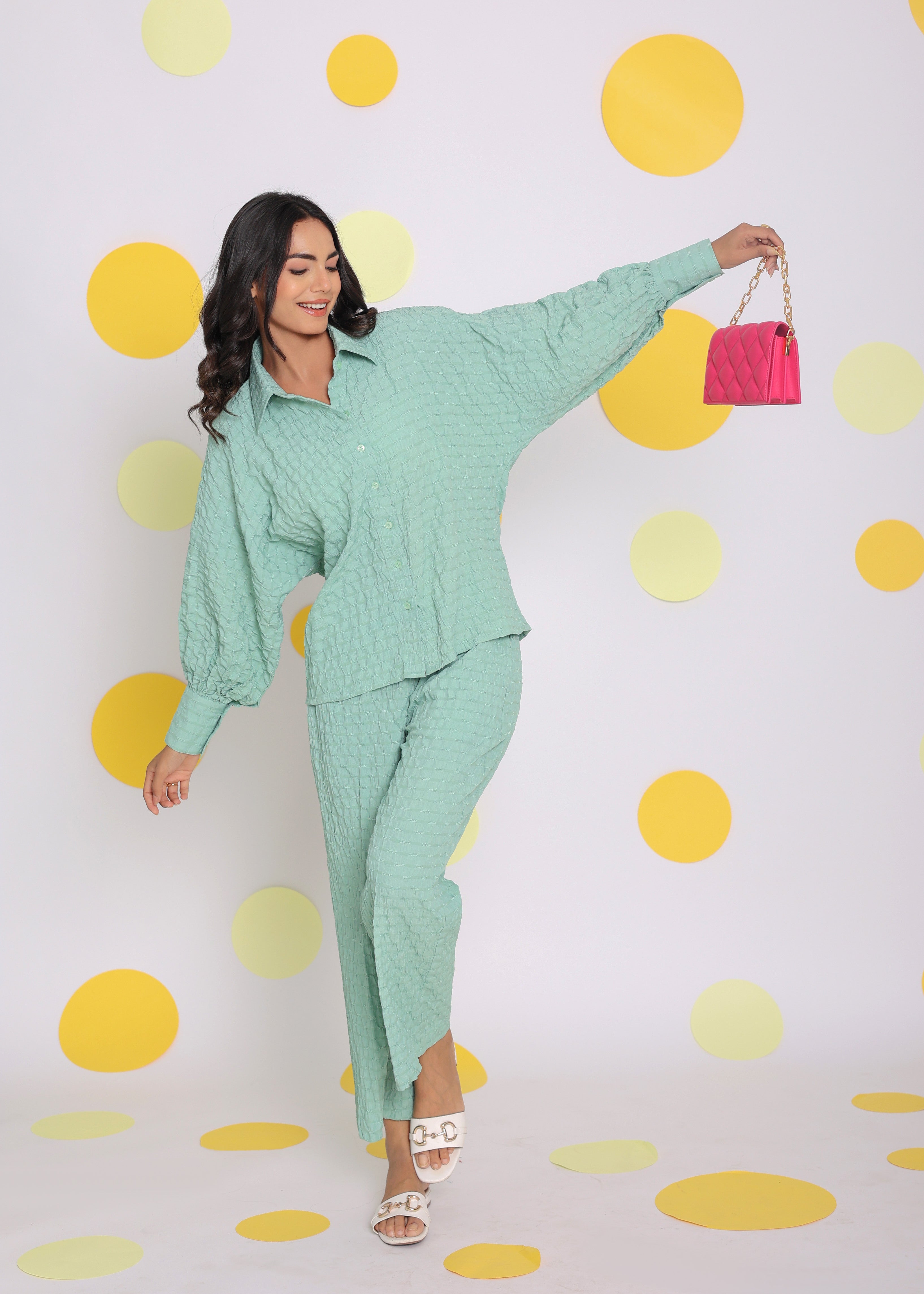 Light Green Shirt and Pant Two Piece Set Summer Everyday Wear Co-ord Set - Kaoribyshreya