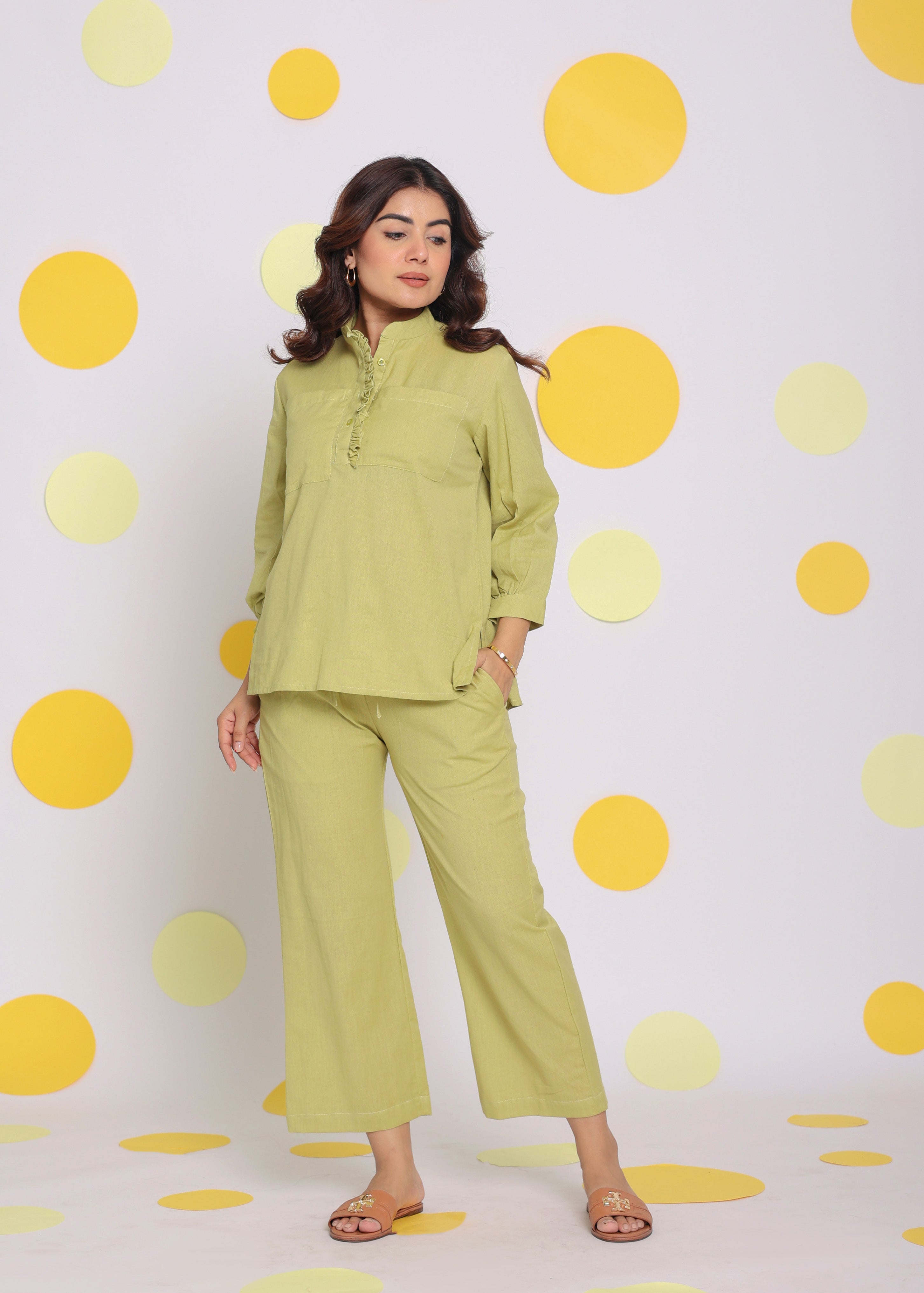 Light Green Shirt and Pant Two Piece Set Summer Everyday Wear Linen Co-ord Set - Kaoribyshreya