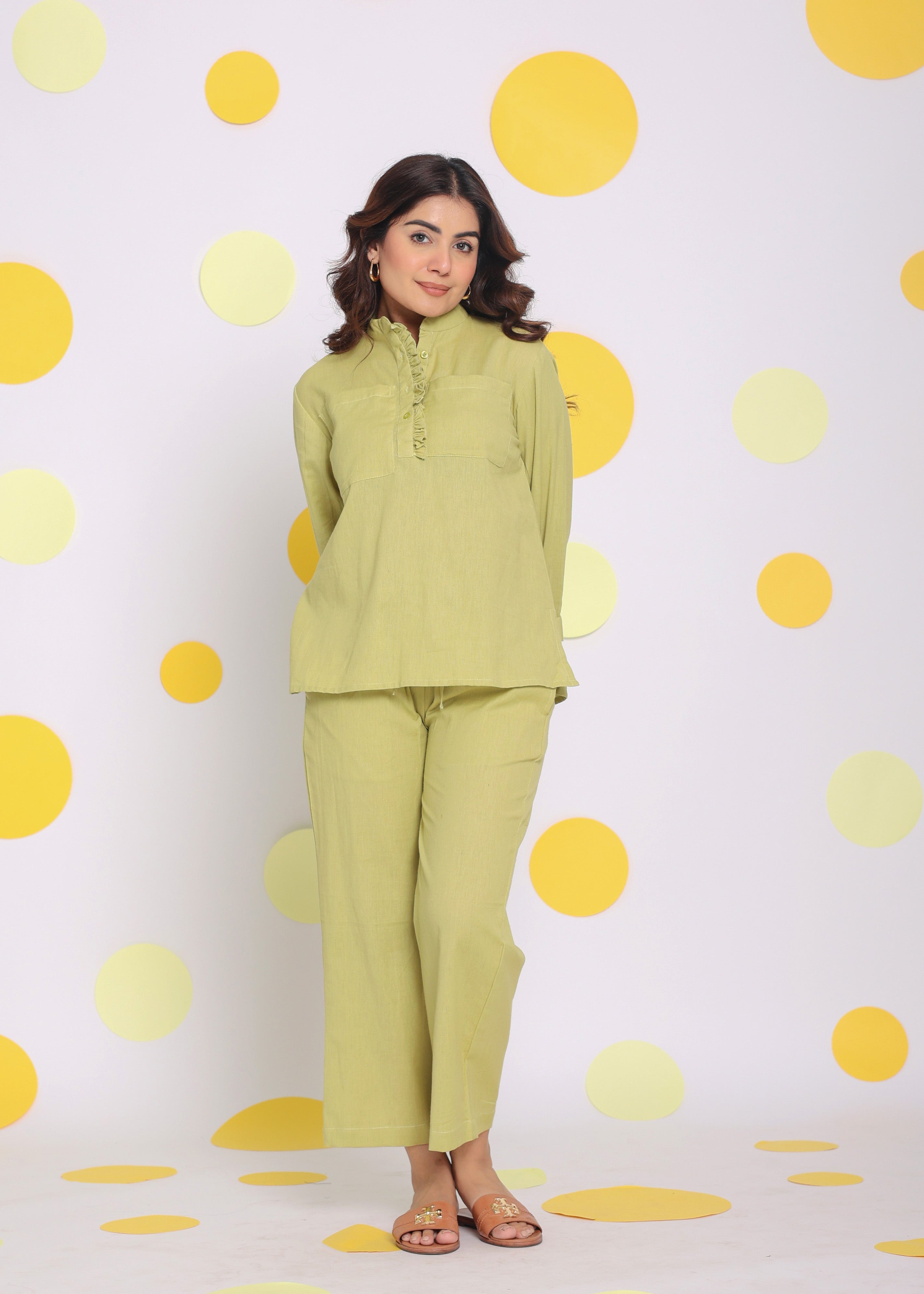 Light Green Summer Relaxed Wide Leg Everyday Wear Linen Pants - Kaoribyshreya