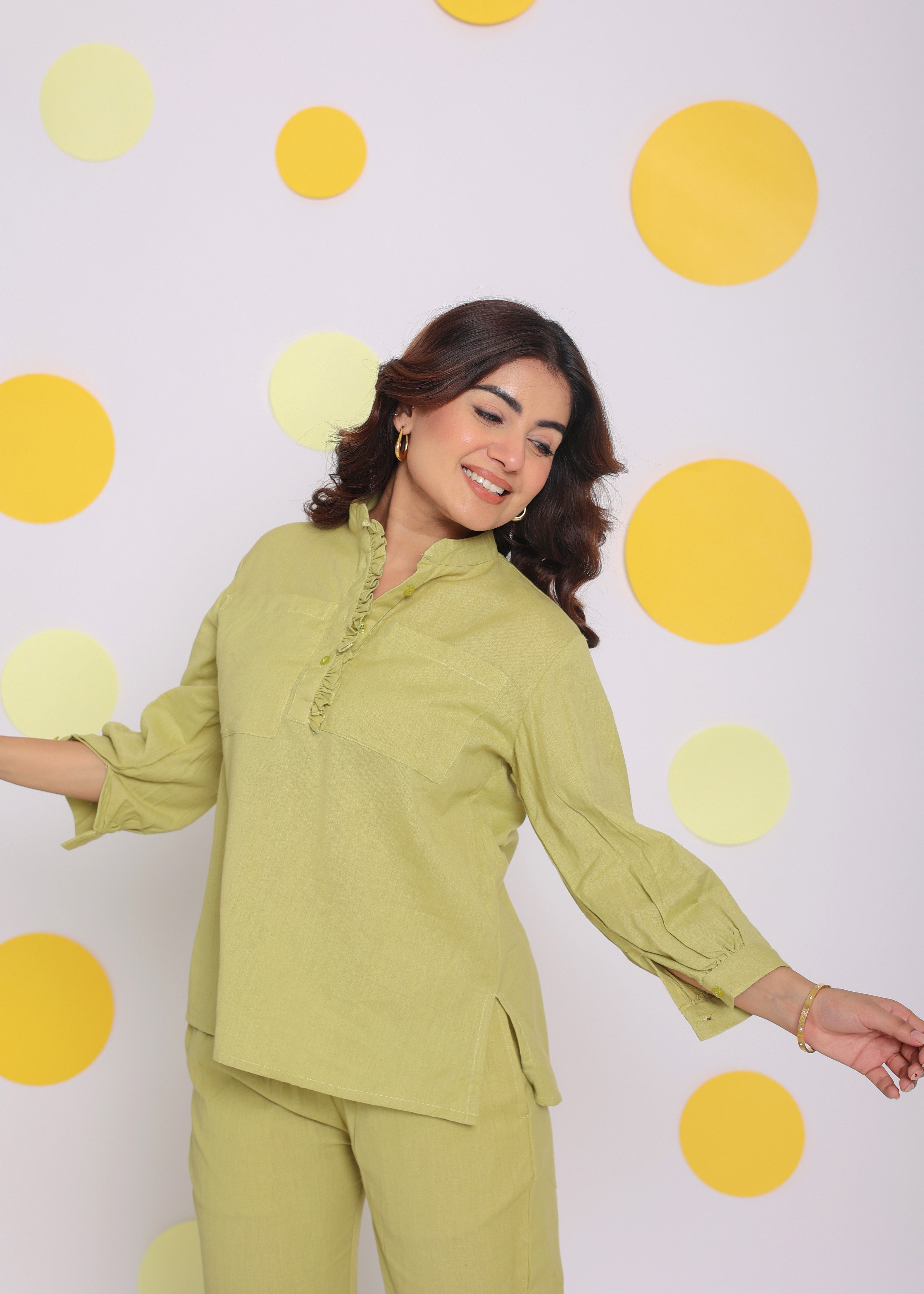 Light Green Shirt and Pant Two Piece Set Summer Everyday Wear Linen Co-ord Set - Kaoribyshreya