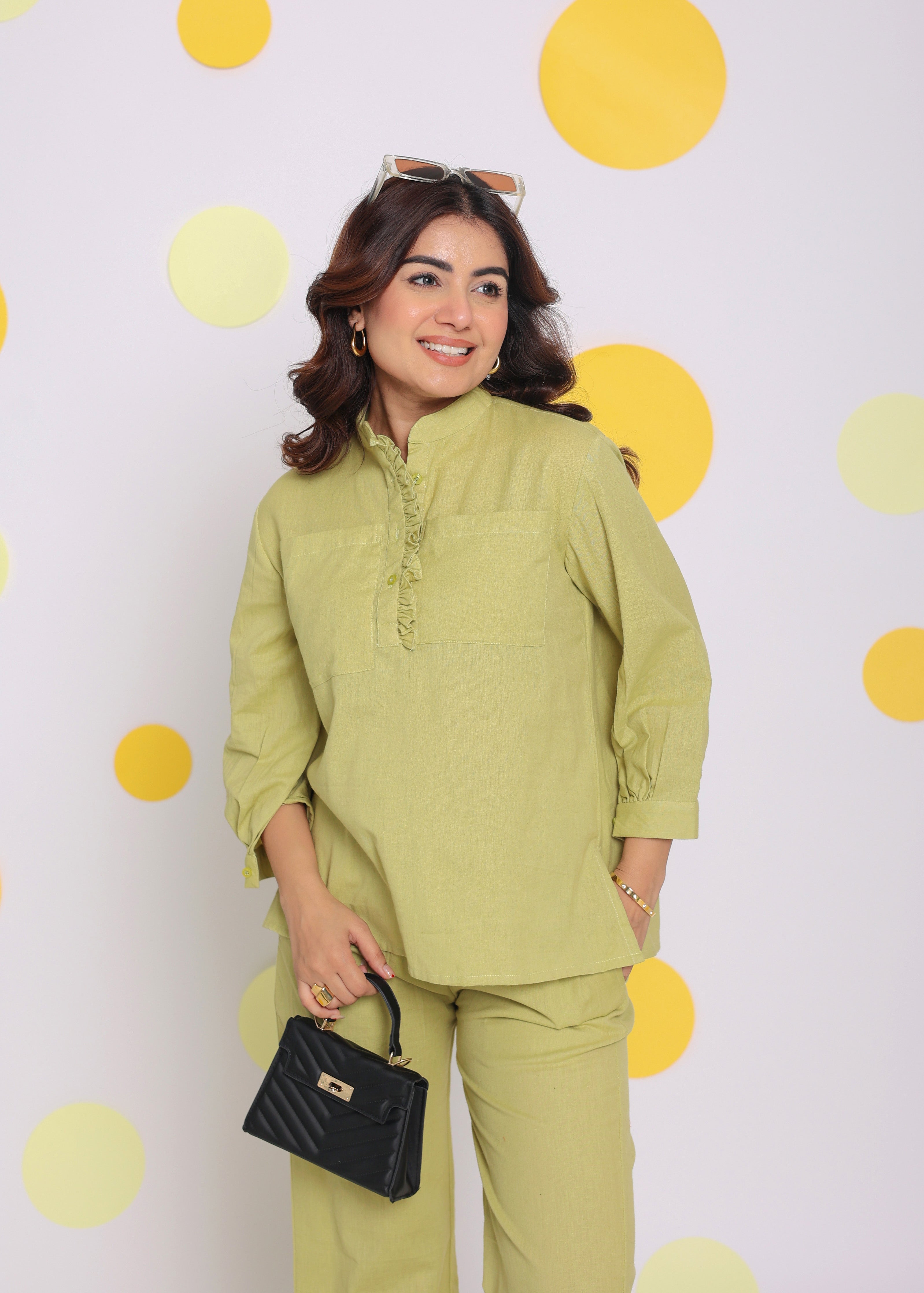 Light Green Shirt and Pant Two Piece Set Summer Everyday Wear Linen Co-ord Set - Kaoribyshreya