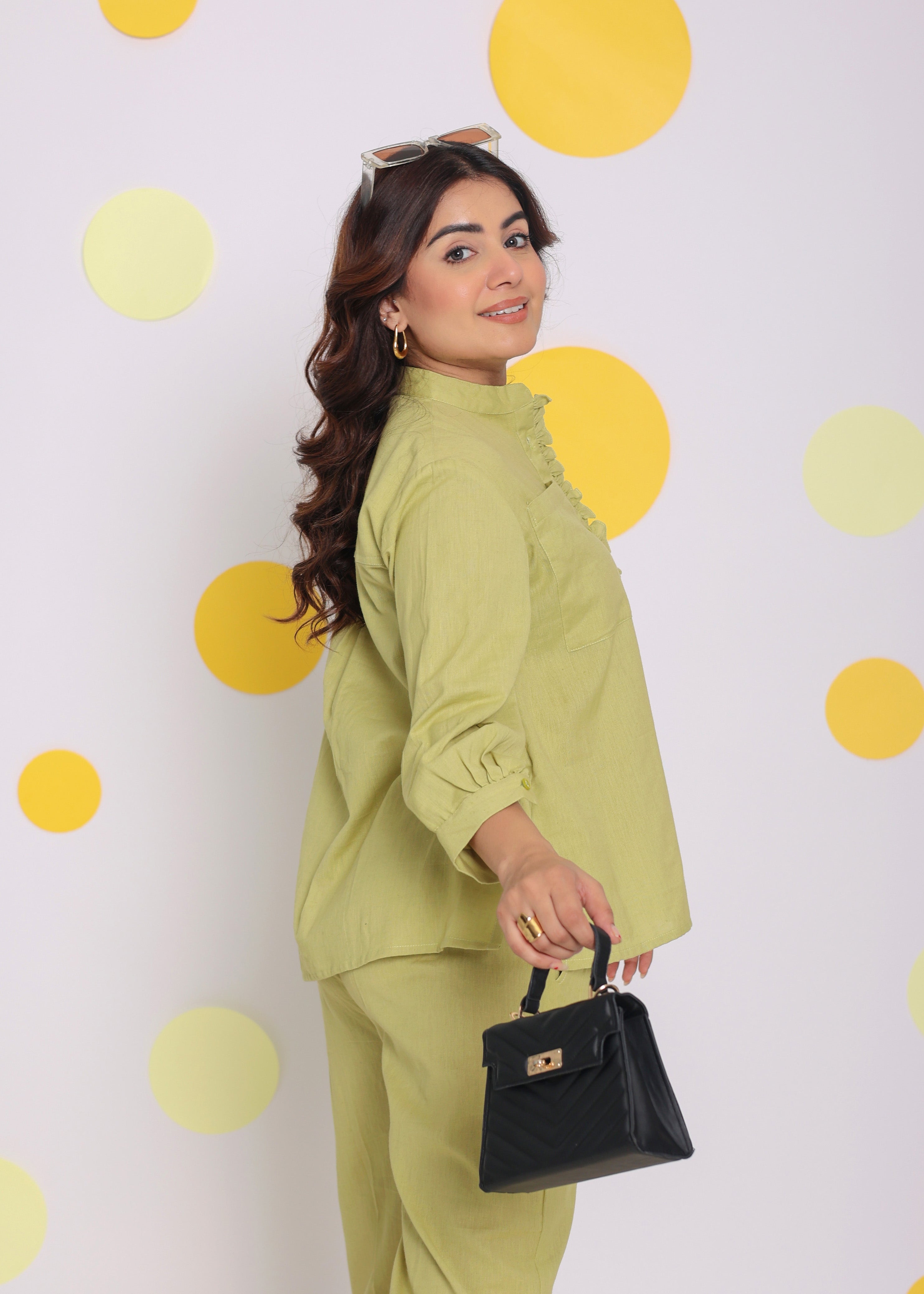 Light Green Shirt and Pant Two Piece Set Summer Everyday Wear Linen Co-ord Set - Kaoribyshreya