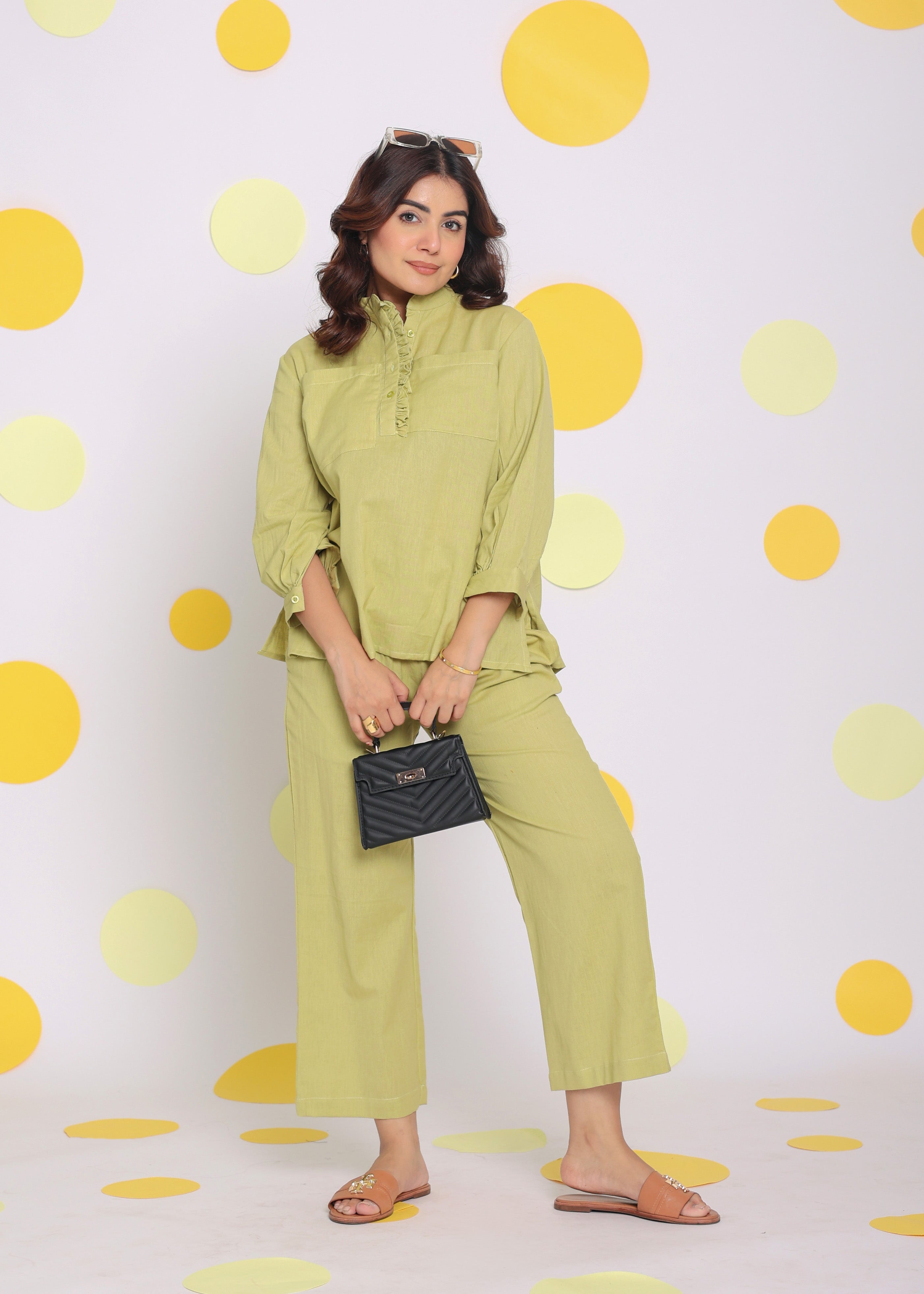 Light Green Shirt and Pant Two Piece Set Summer Everyday Wear Linen Co-ord Set - Kaoribyshreya