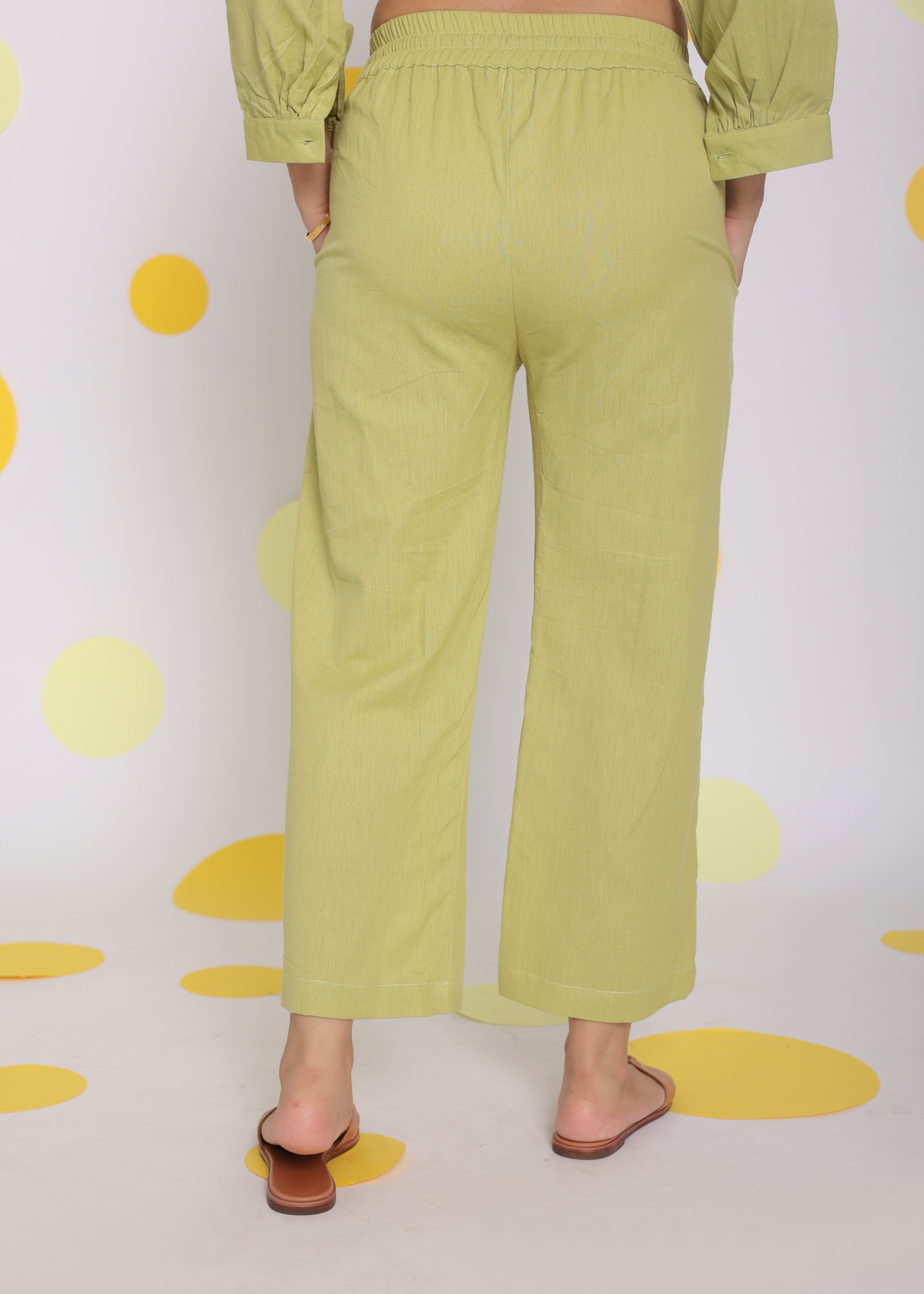 Light Green Summer Relaxed Wide Leg Everyday Wear Linen Pants - Kaoribyshreya