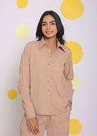 Beige Summer Relaxed Collared Everyday Wear Buttoned Shirt - Kaoribyshreya