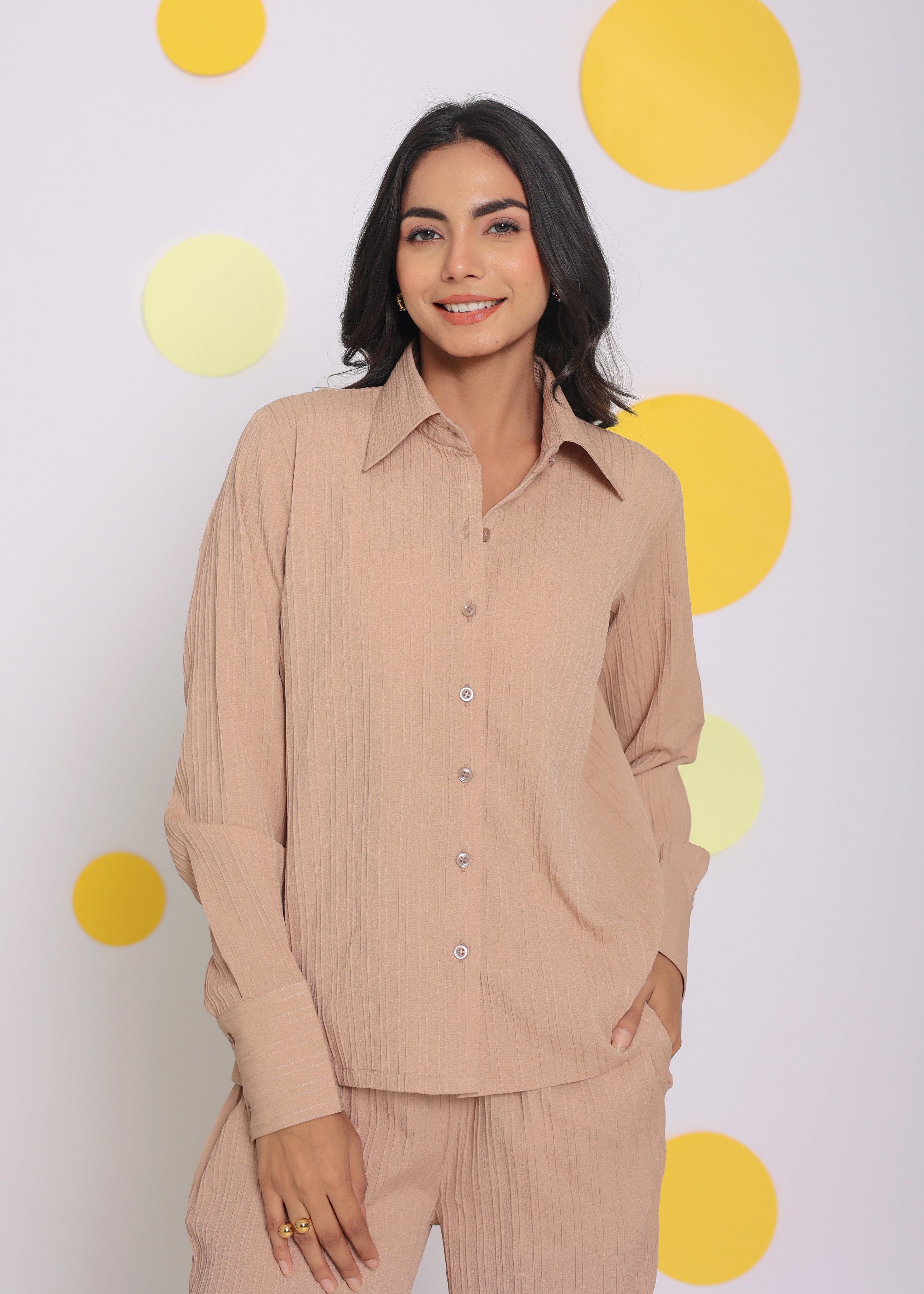 Beige Summer Relaxed Collared Everyday Wear Buttoned Shirt - Kaoribyshreya