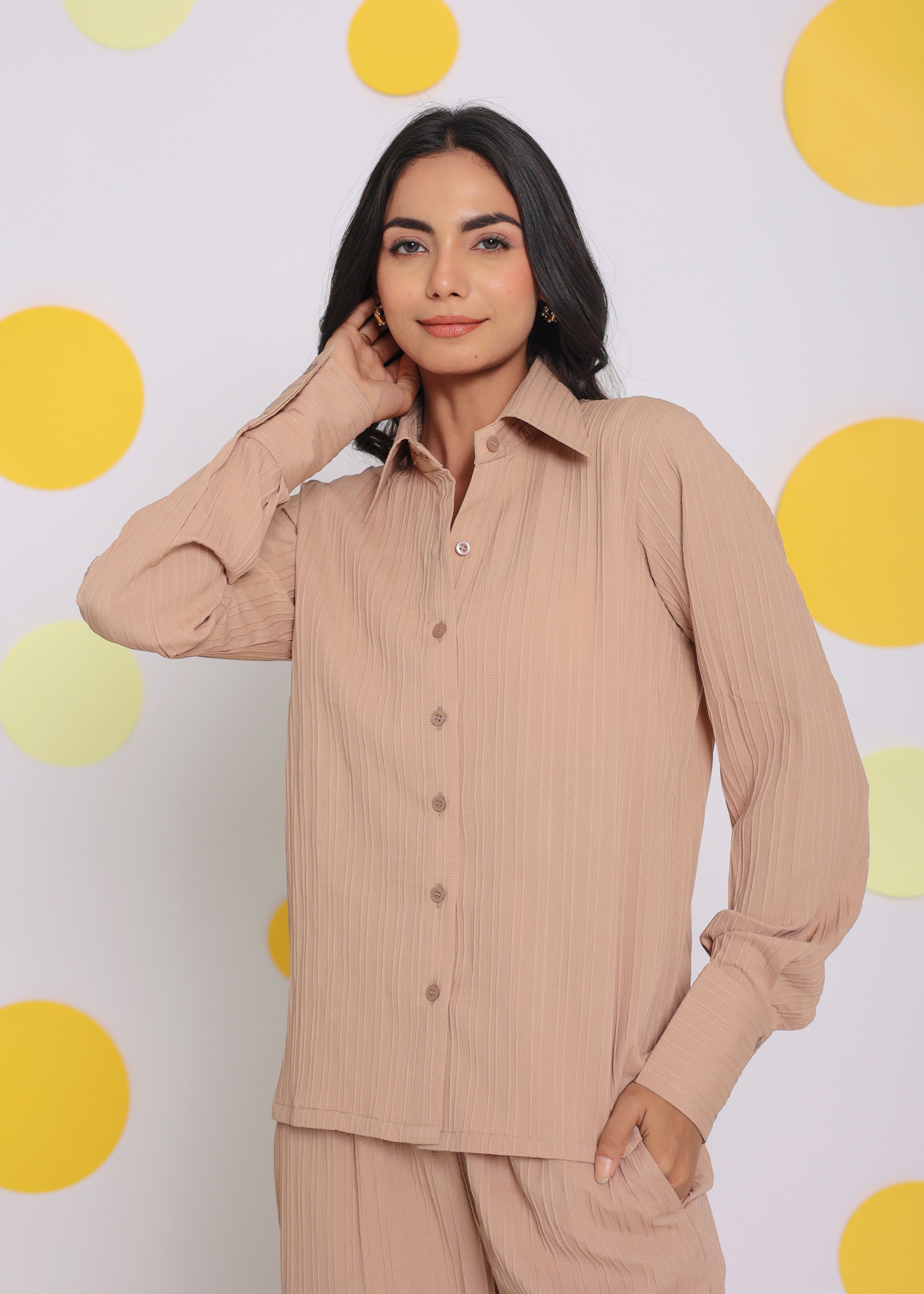 Beige Summer Relaxed Collared Everyday Wear Buttoned Shirt - Kaoribyshreya